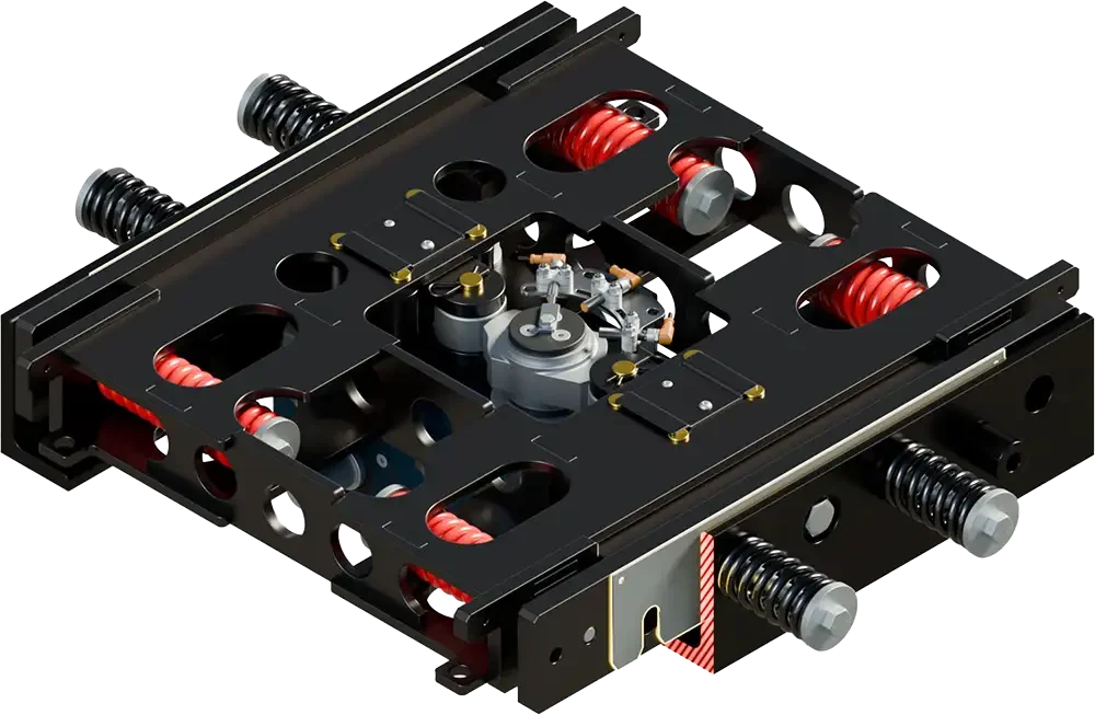 A mechanical device with black frame, red springs, and metal components, possibly a precision motor or encoder assembly.