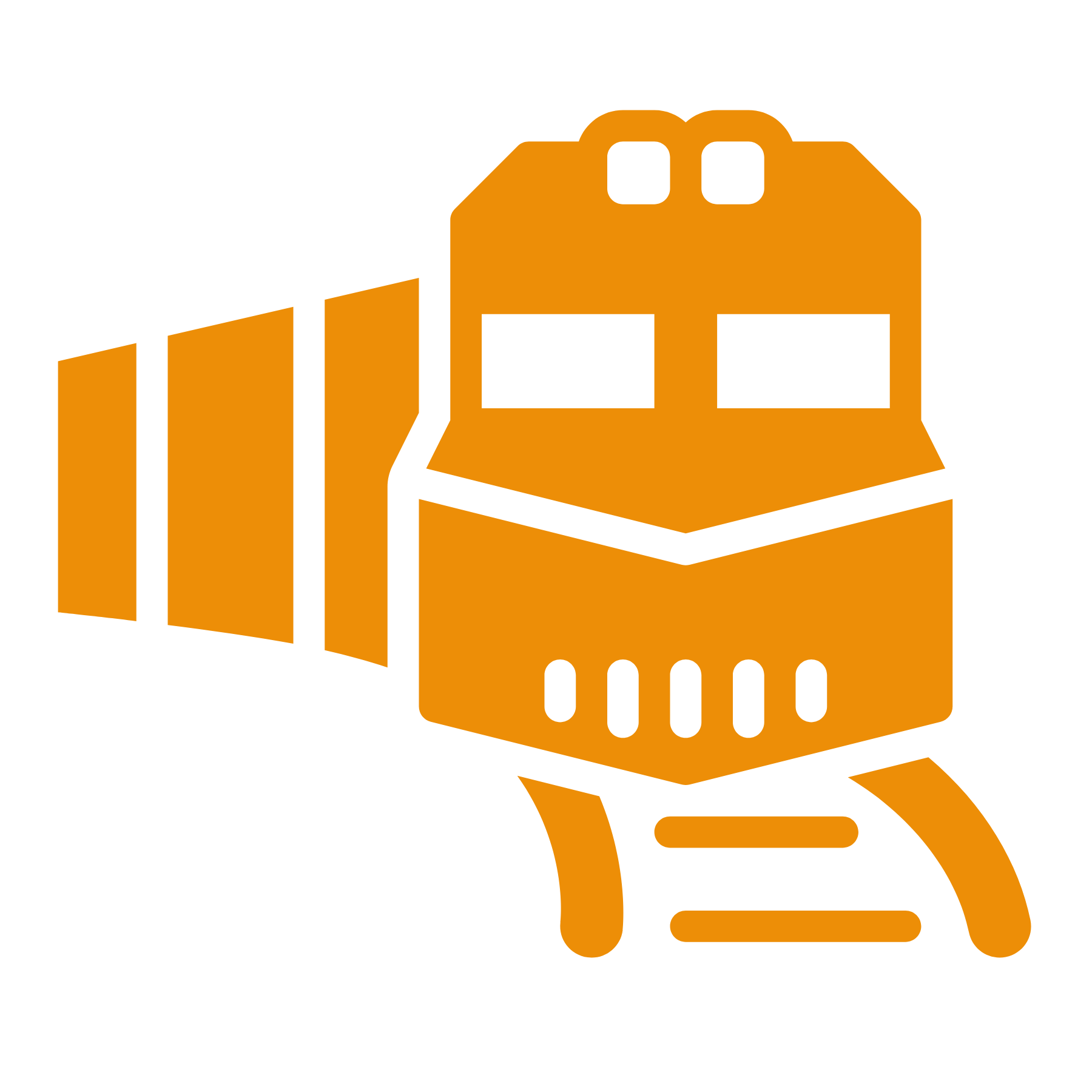 A stylized orange train with a large front window and a pantograph, facing to the right, with a section of railroad tracks below.