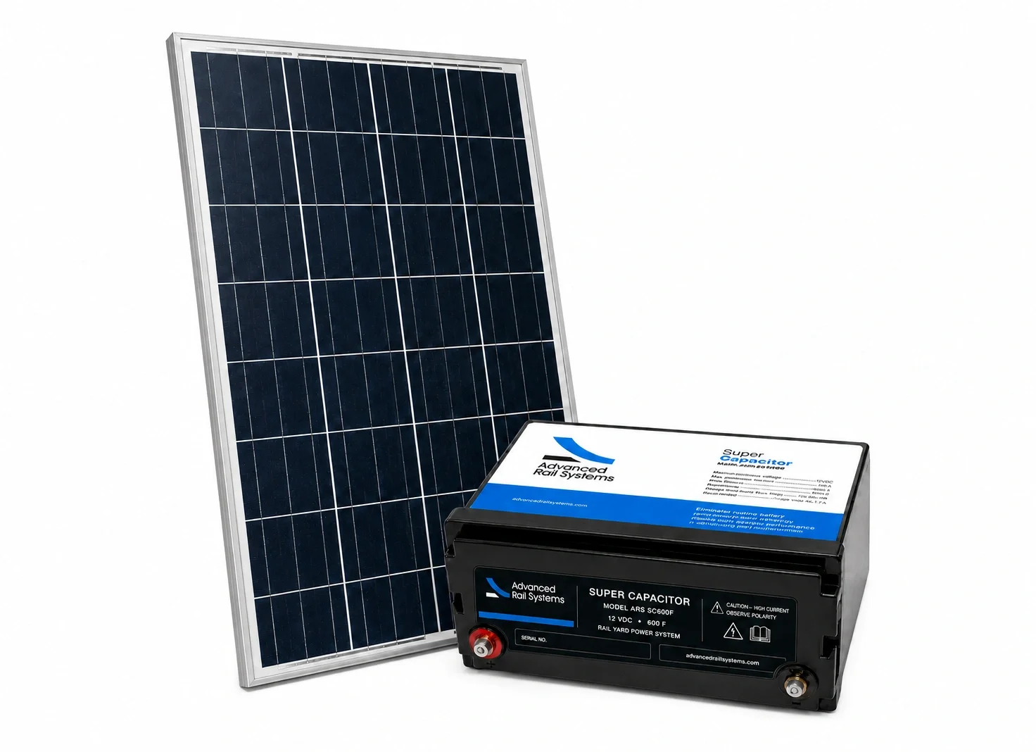 A solar panel and a super capacitor from Advanced Rail Systems.