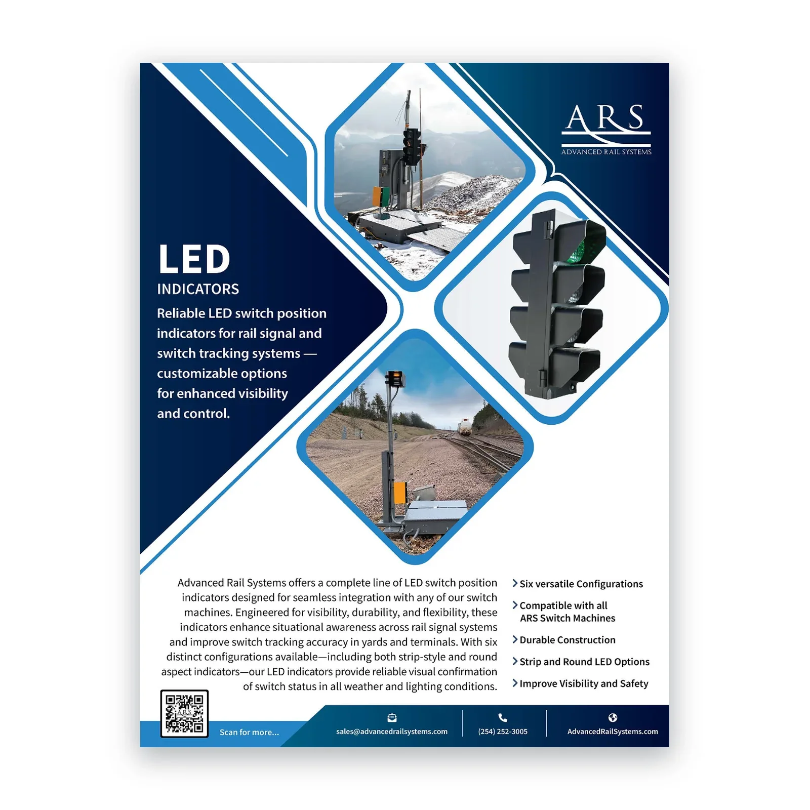 Brochure for ARS Advanced Rail Systems featuring LED indicators for rail signal and switch tracking systems. Includes images of a railway signal, a rail switch with LED indicators, and a remote weather station. Text highlights product features like versatile configurations, compatibility, durability, and visibility.