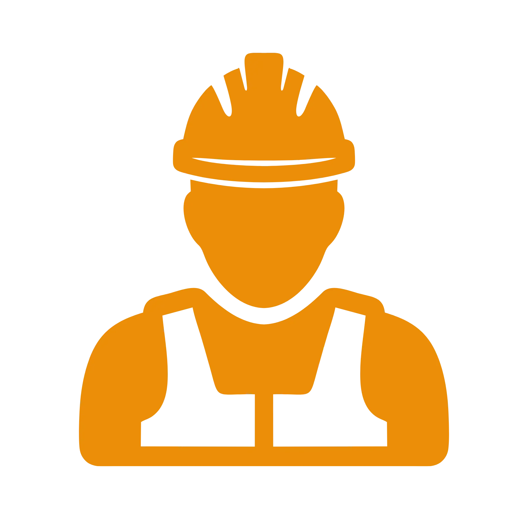 Silhouette of a construction worker wearing a helmet with crossed arms, colored in orange.