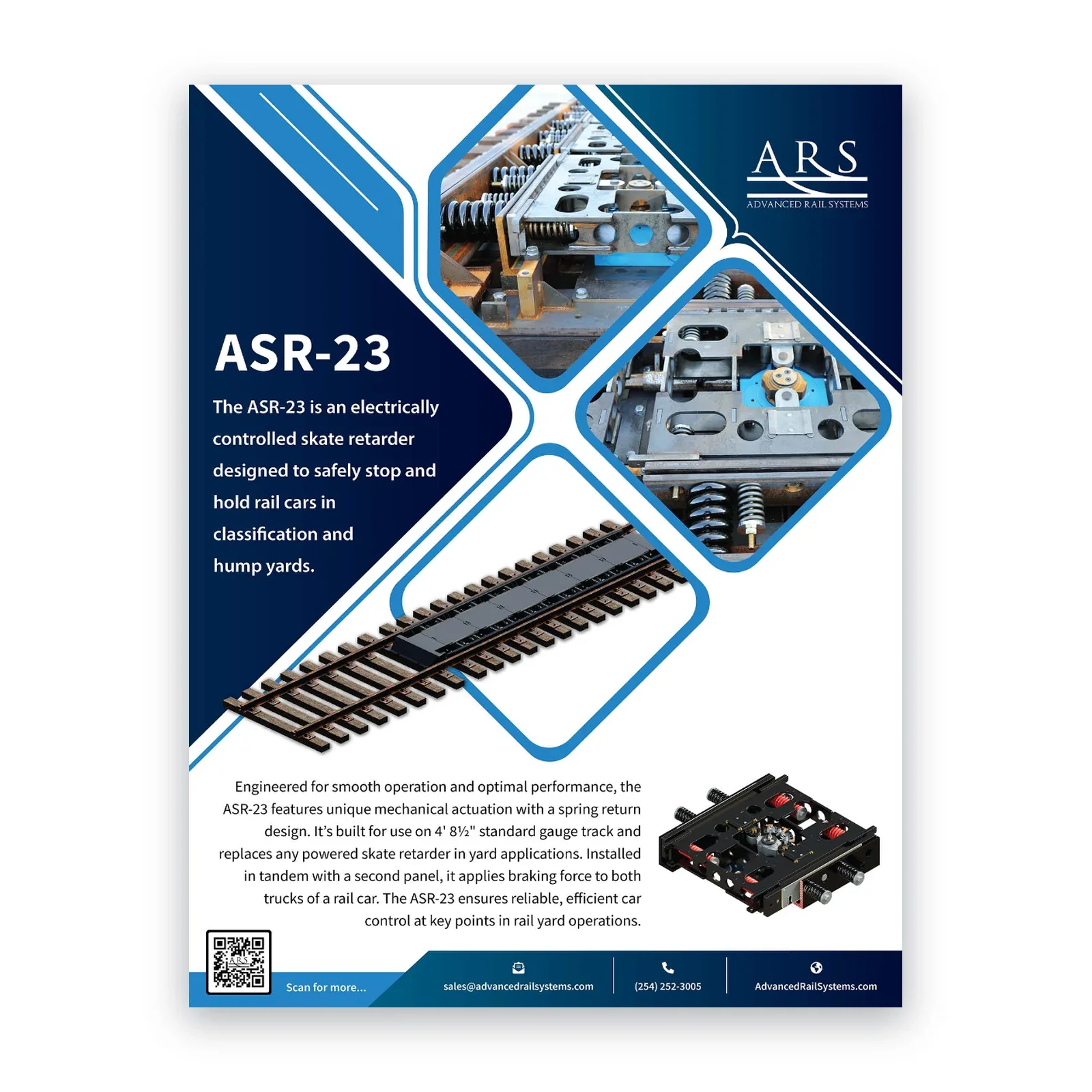 Advertisement for the ASR-23 electric skate retarder by Advanced Rail Systems, featuring images of rail tracks and mechanical components, with contact details and a QR code.