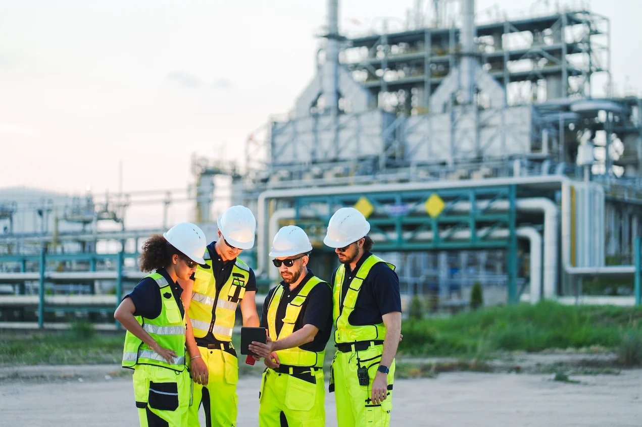 Four industrial workers wearing safety helmets and reflective vests reviewing documents or a device at an industrial site.
