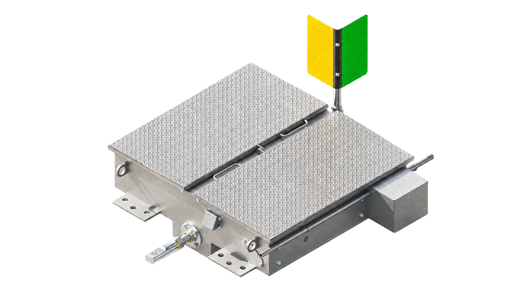 Industrial machine with a textured metal surface, small yellow and green flag on a pole, and various knobs and attachments.