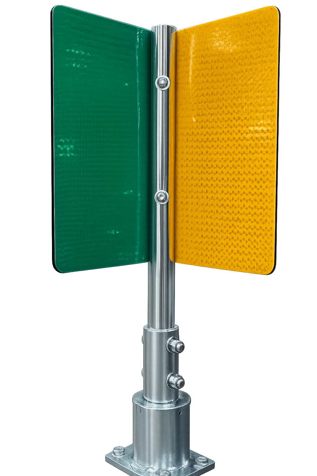 A traffic signal with green and yellow lights on a silver pole.