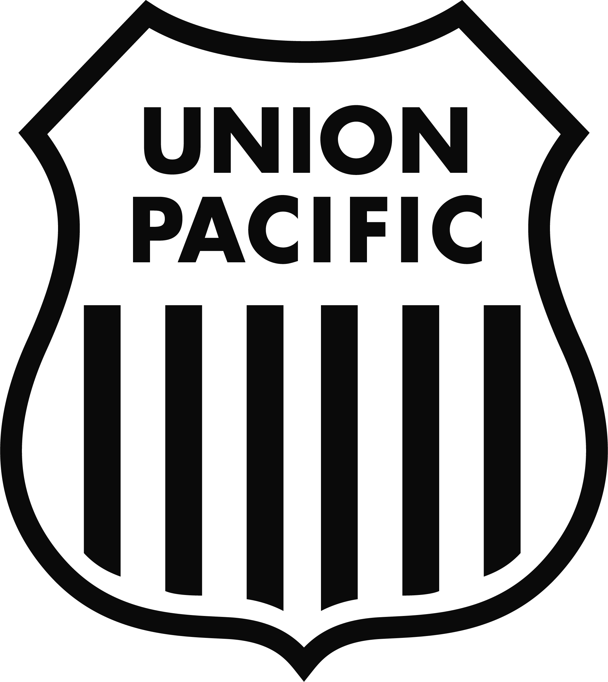 Black and white Union Pacific logo featuring a shield with a railroad track and the words 'Union Pacific' inside.