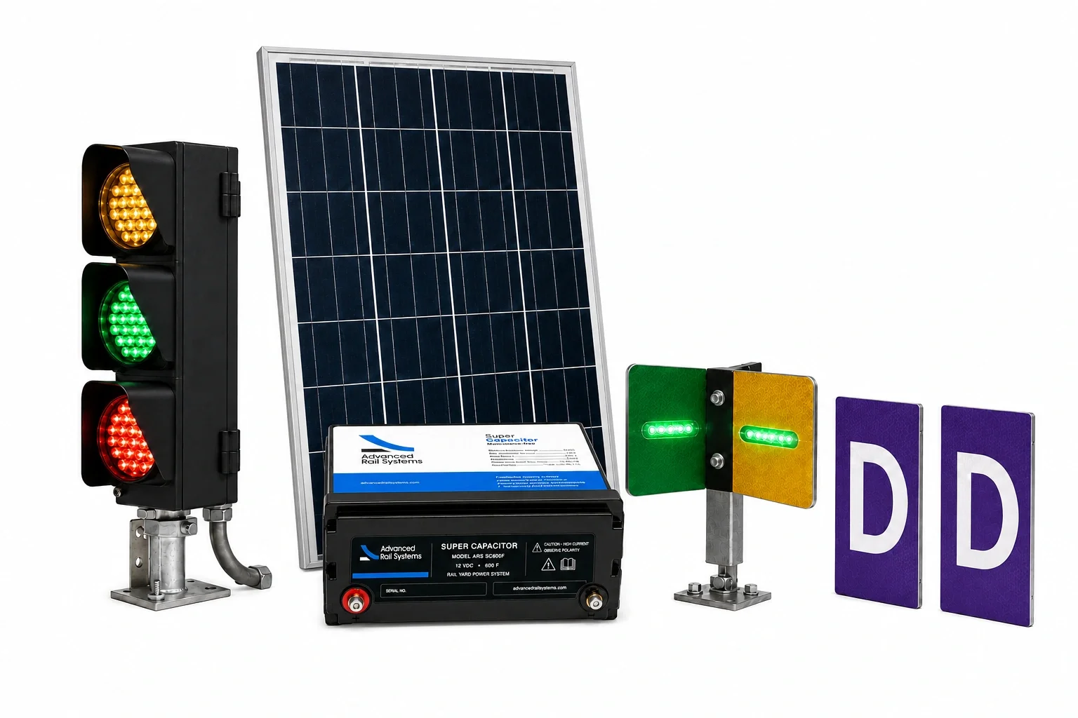 A solar panel, a traffic light, a traffic semaphore, and two purple D signs.