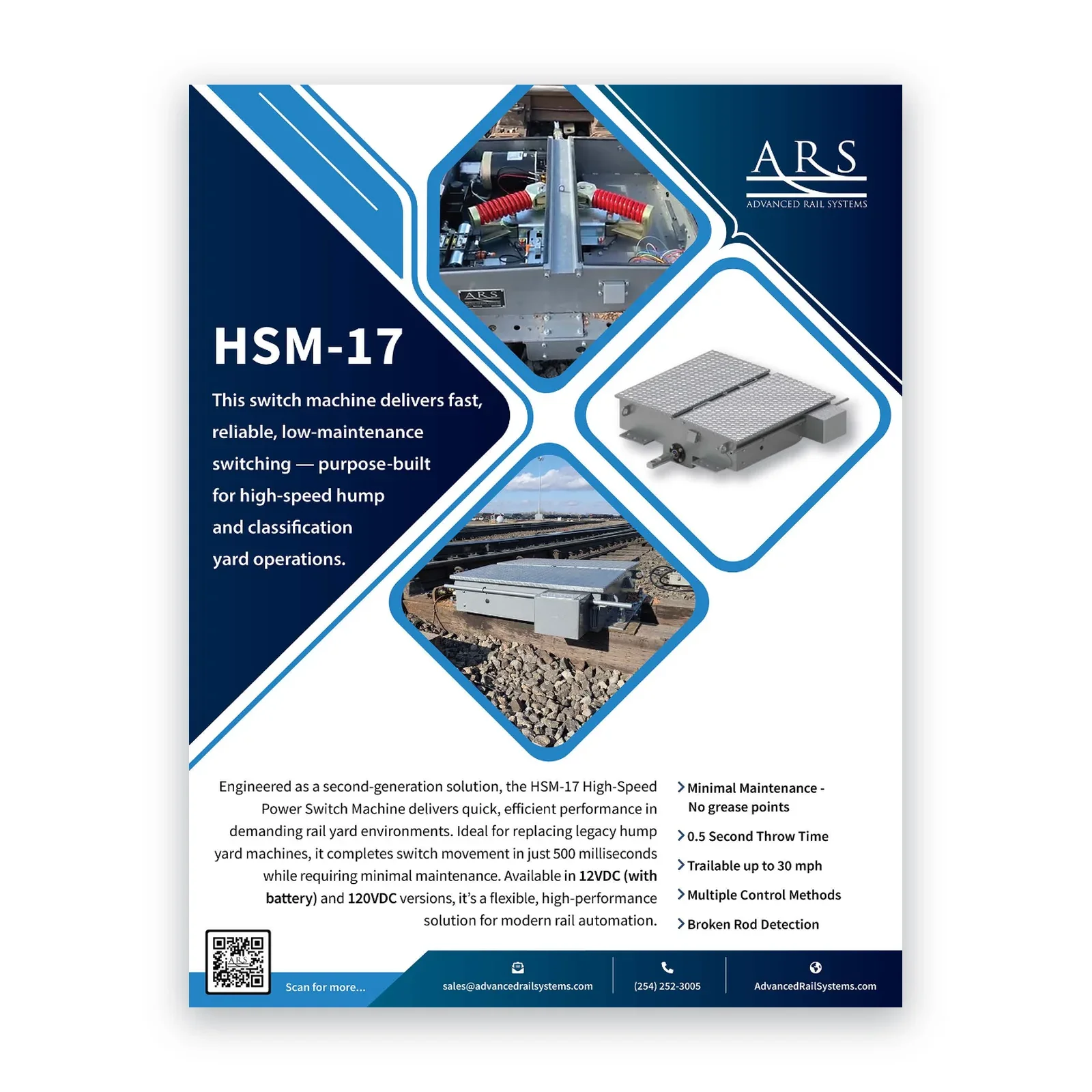 Brochure for ARS HSM-17 high-speed power switch machine, featuring images of the device, electrical components, and railway yard, with a QR code and contact information.