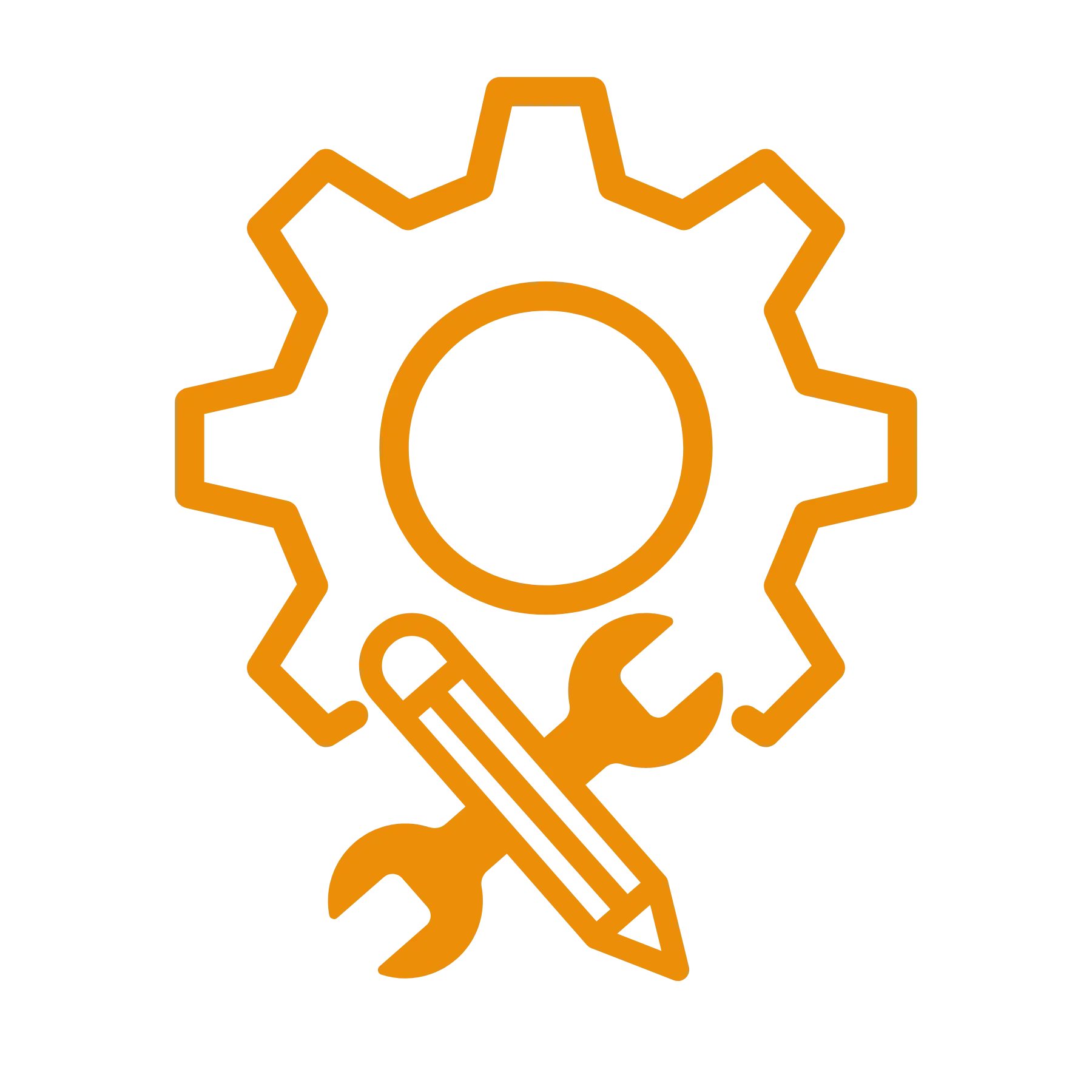 Icon of a gear, wrench, and handshake in orange, symbolizing maintenance, support, or technical service.