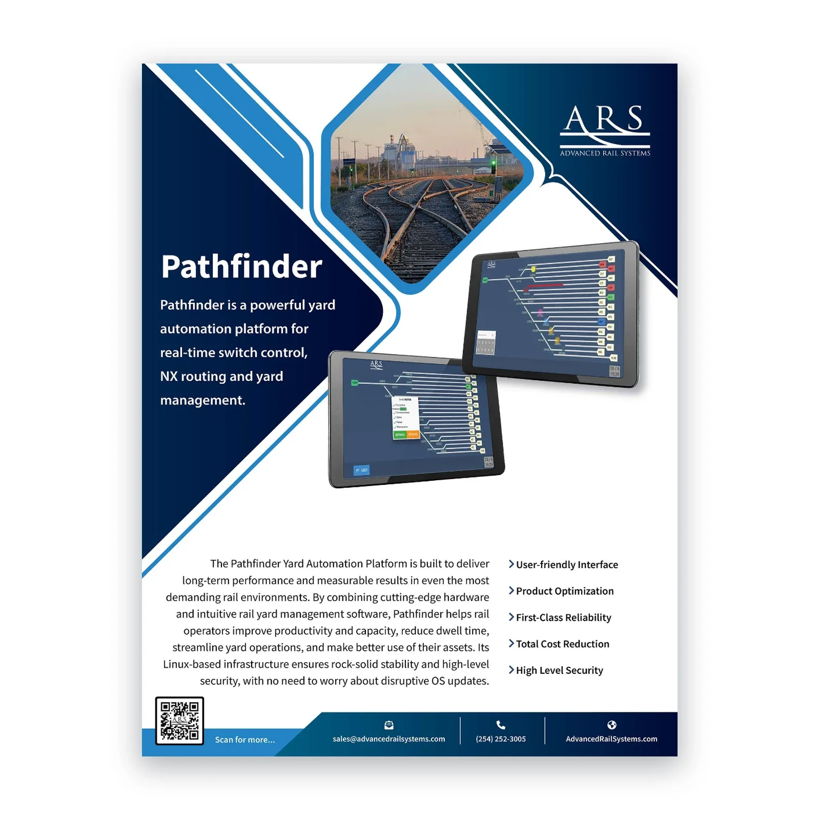 Flyer advertising Advanced Rail Systems' PathFinder yard automation platform, featuring images of control interfaces and railway tracks.