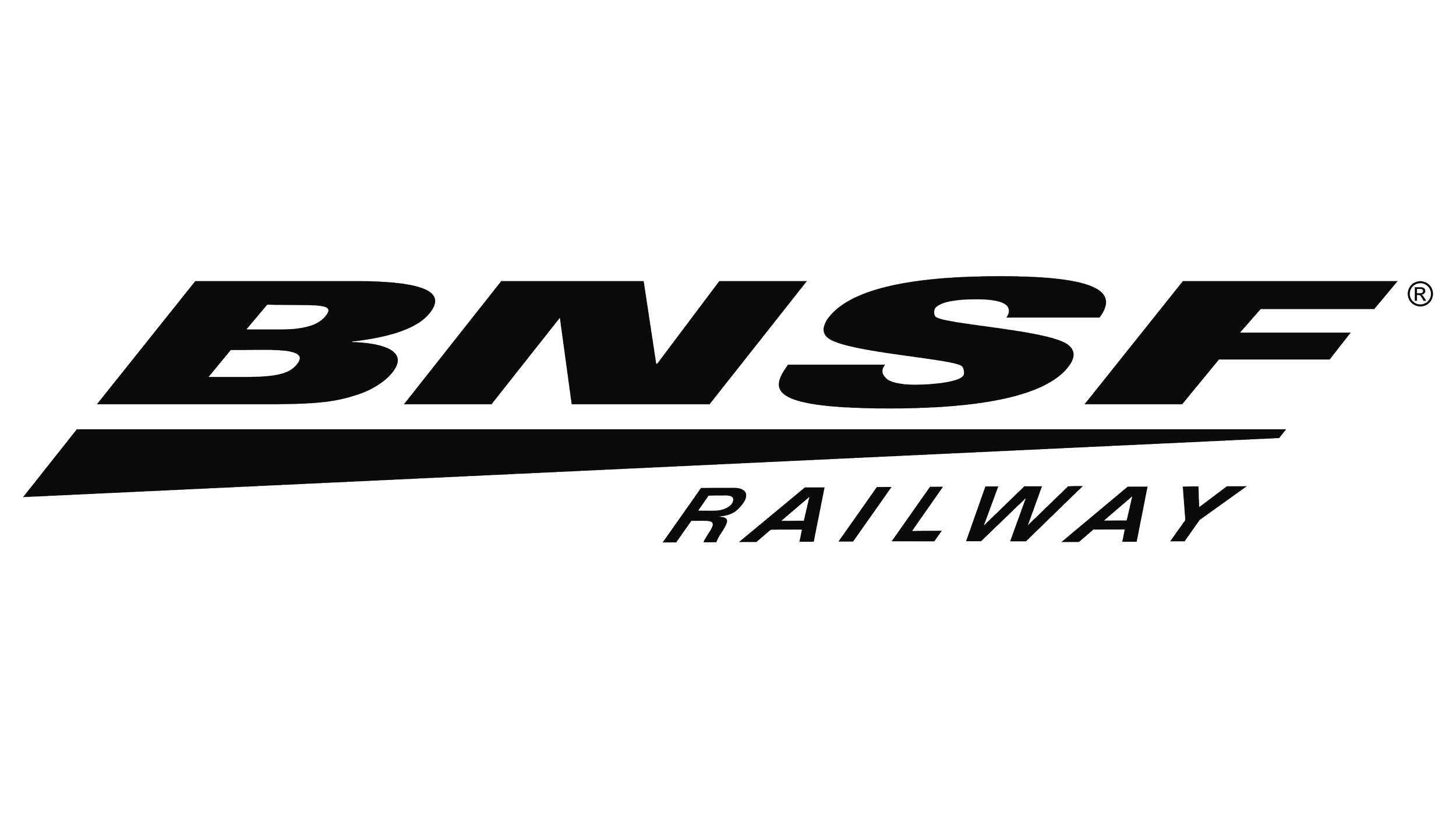 Black and white logo of BNSF Railway with bold, stylized text and a slanted underline.