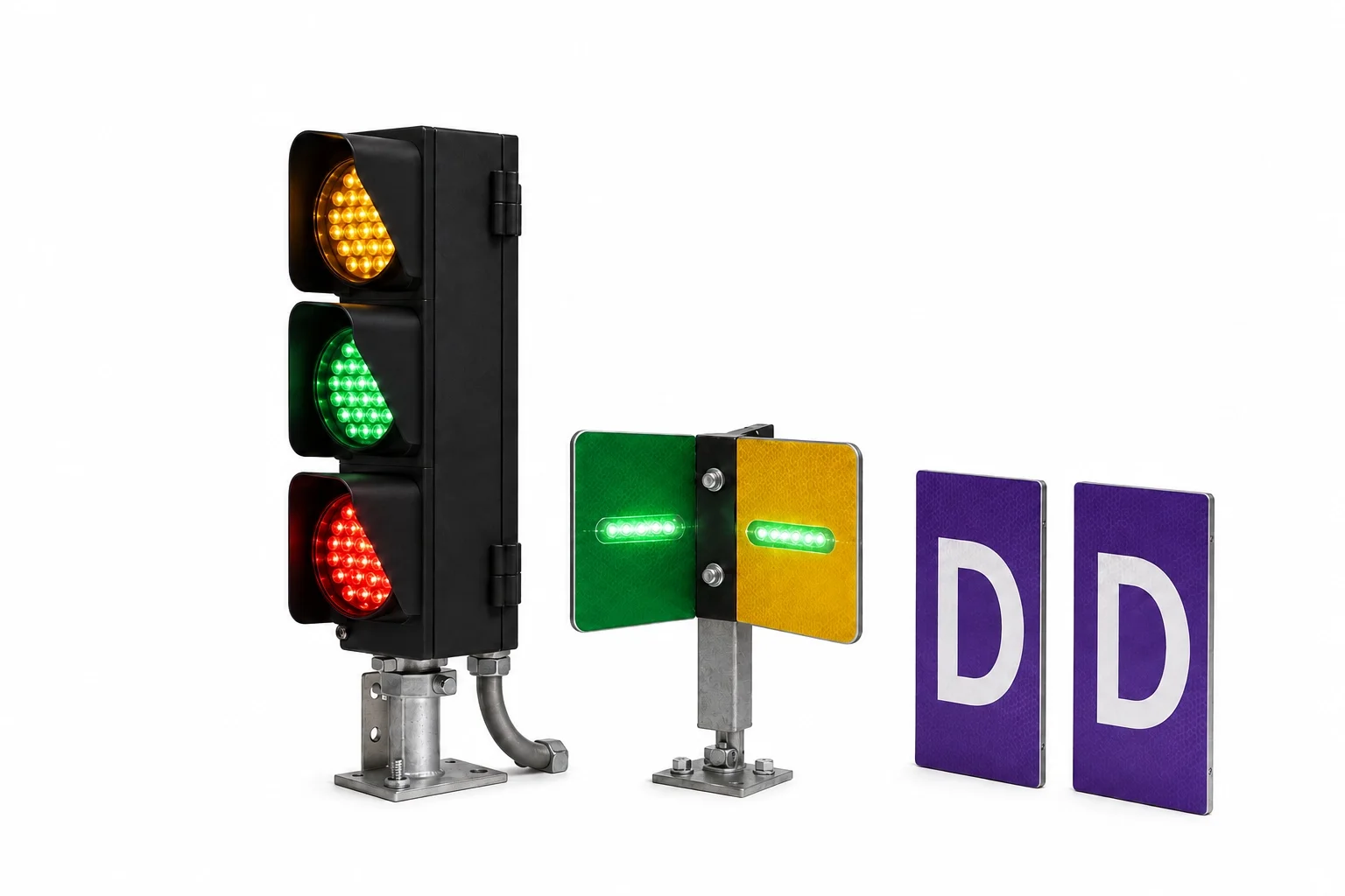 A traffic light with red, yellow, and green lights, a green pedestrian crossing signal, and two purple D pedestrian signs.
