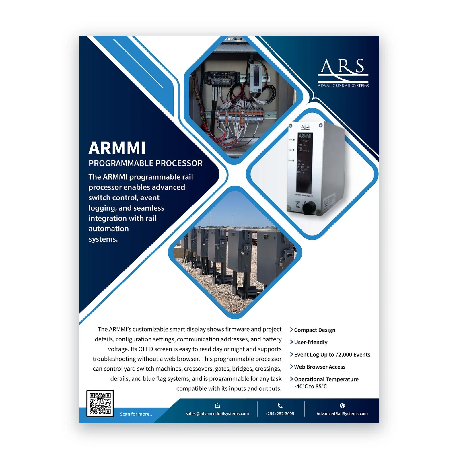 A promotional flyer for ARMMI programmable rail processors by Advanced Rail Systems, featuring images of electrical control panels, a display device, and railway switch equipment, with key features and contact information.