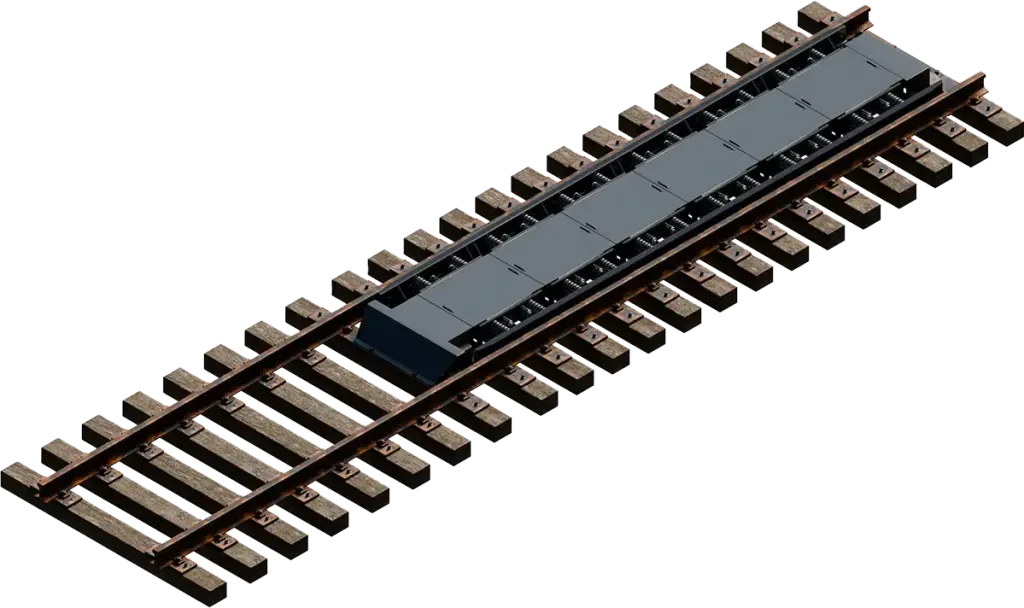 Model train track with a black train station on a section of railroad track.