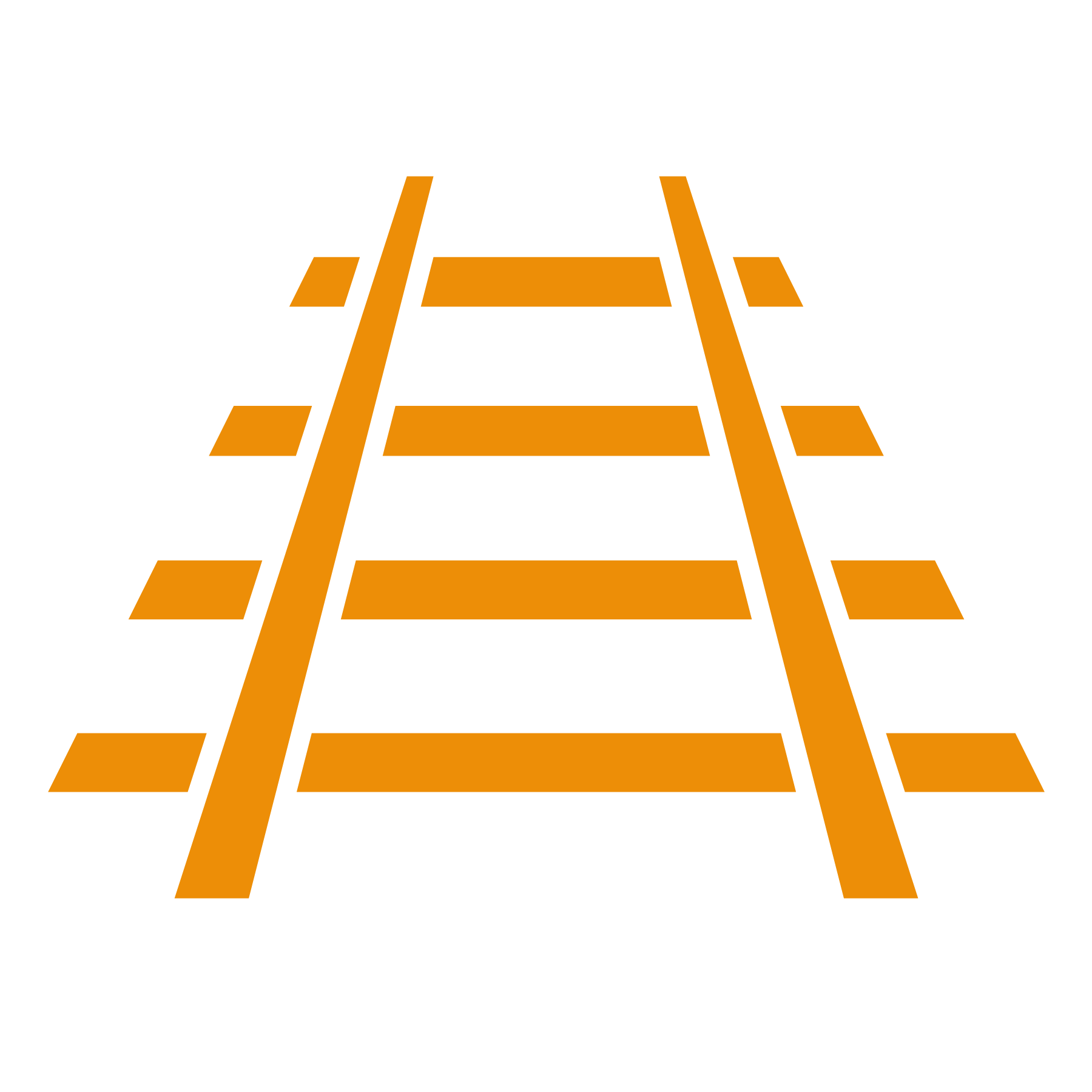 Illustration of railroad tracks viewed from the front, with orange-colored rails and darker orange ties, on a white background.