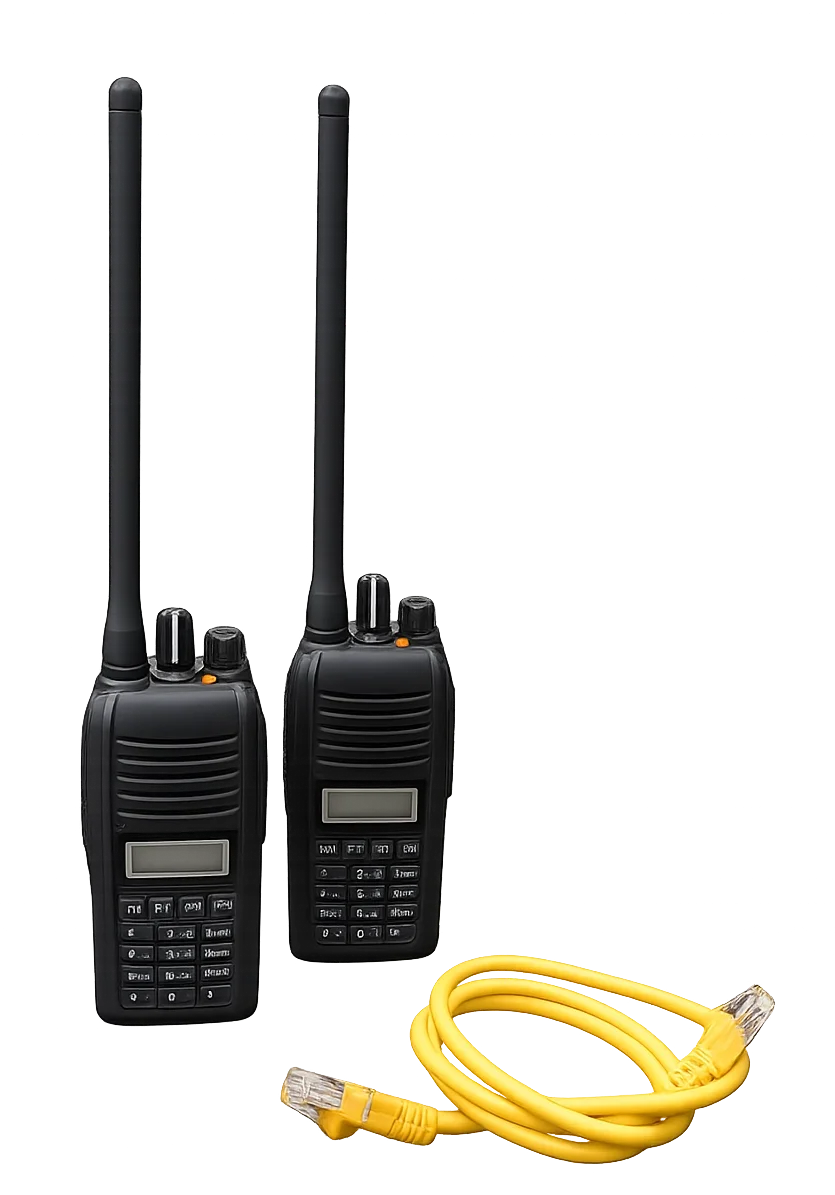 Two black walkie-talkies with antennas and a yellow Ethernet cable.