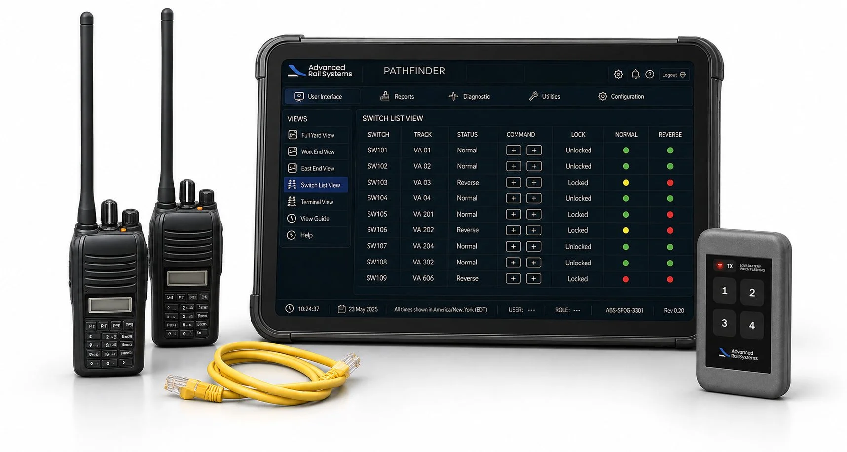 A digital control panel for a wireless security system with two walkie-talkies, a yellow Ethernet cable, and a remote control.