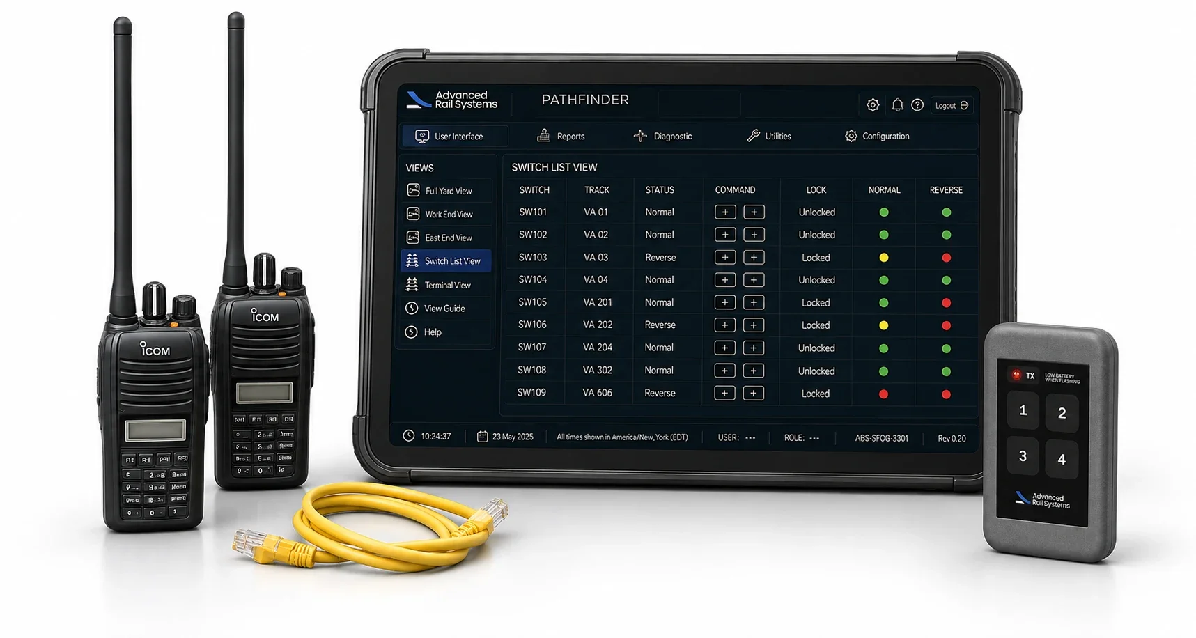 Wireless communication devices including two handheld walkie-talkies, a yellow Ethernet cable, a tablet displaying a security system interface with switch statuses, and a small remote control with numbered buttons.