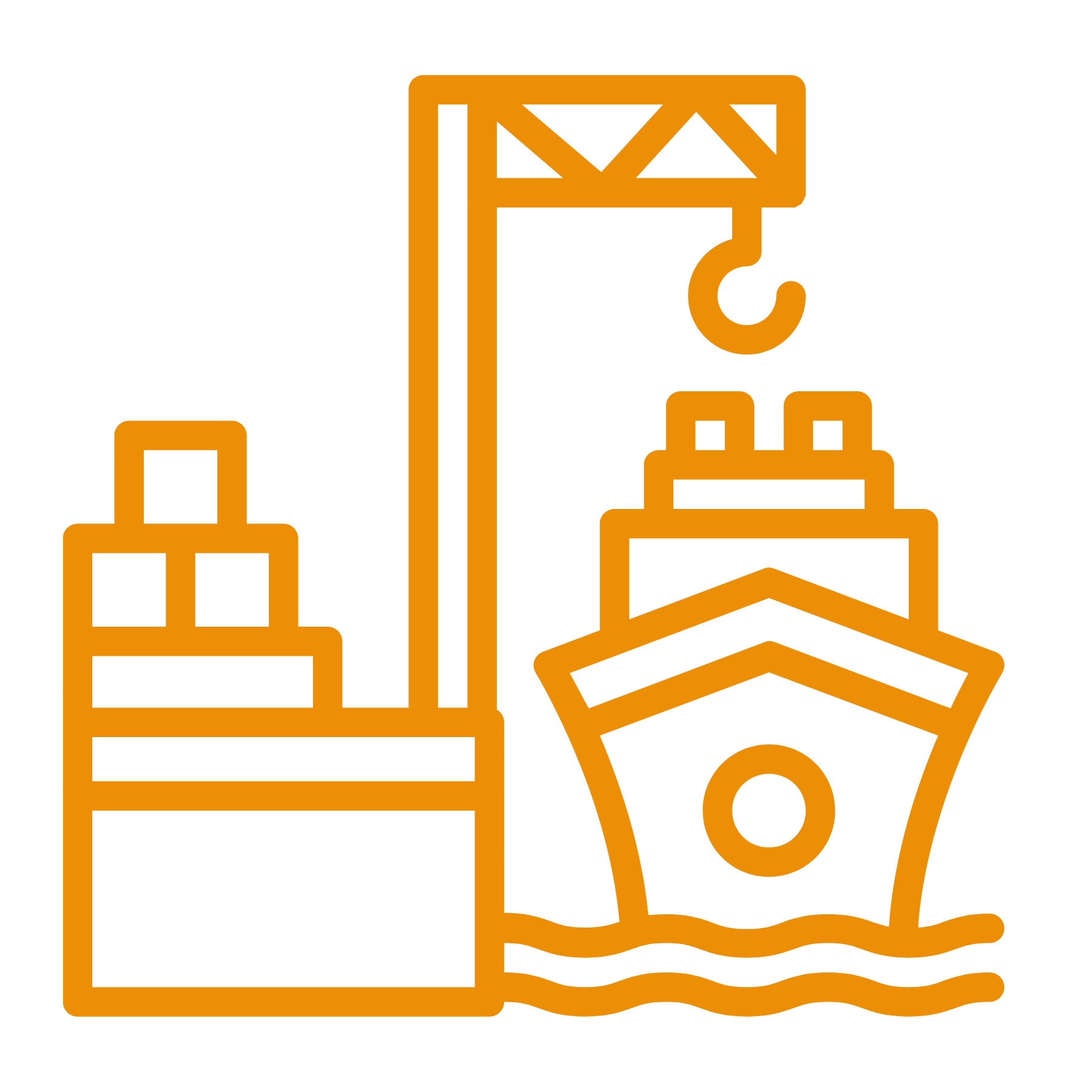 Outline of construction site with a crane, building blocks, and a construction worker wearing a hard hat.