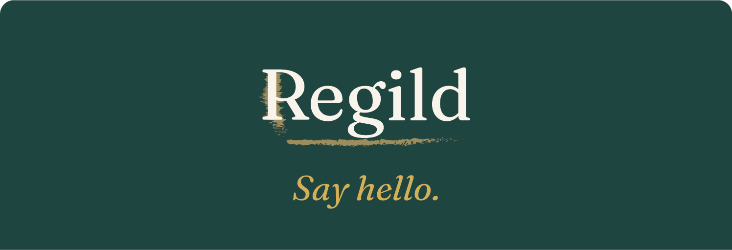 Green background with the word 'Regild' and the phrase 'Say hello.' written on it.