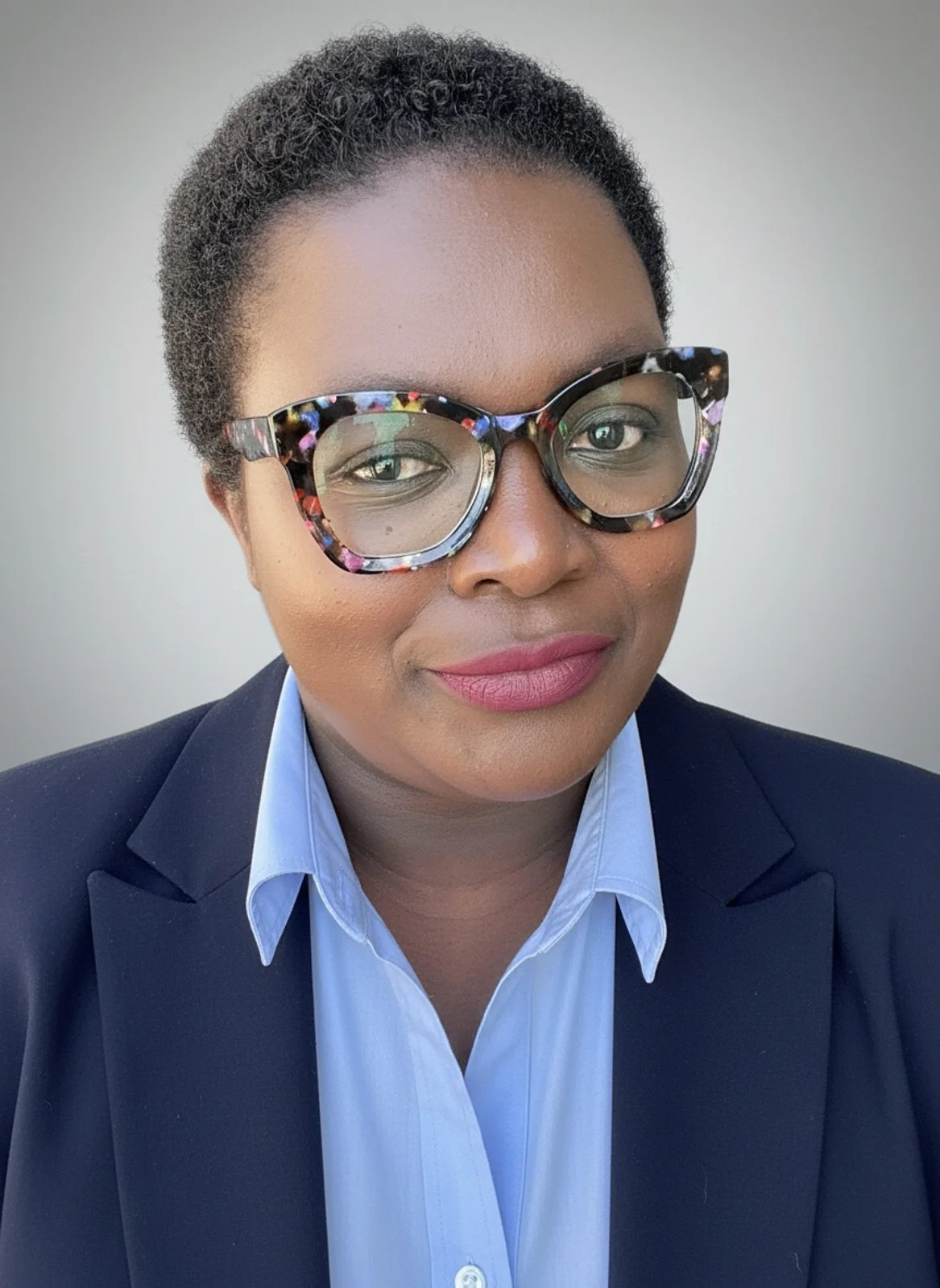 A woman with short curly hair wearing glasses with a tortoise shell pattern, a blue button-down shirt, and a navy blazer, smiling against a neutral background.
