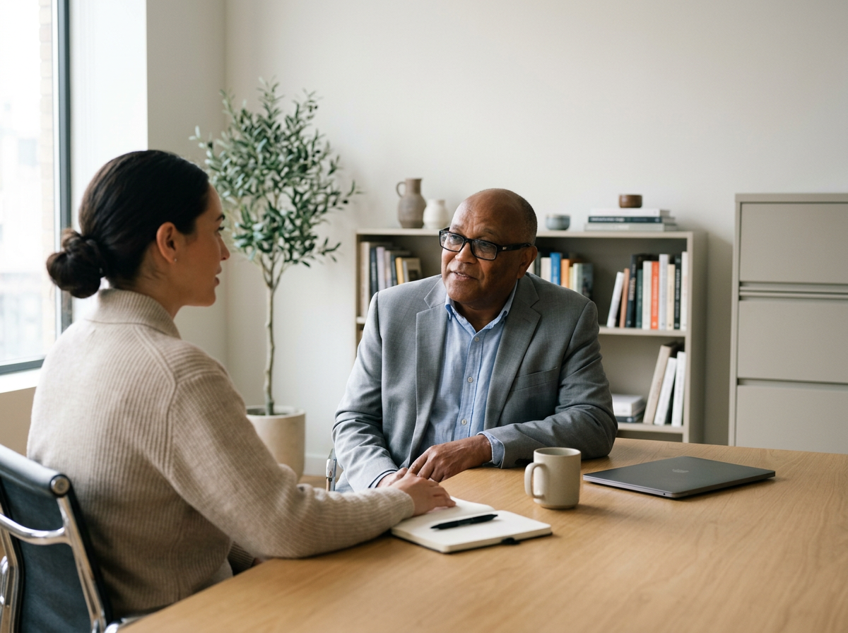 A woman and a man having a conversation at an office table. The woman is taking notes, and the man is speaking. There are books, a laptop, and a coffee mug on the table with a bookshelf and a potted plant in the background.