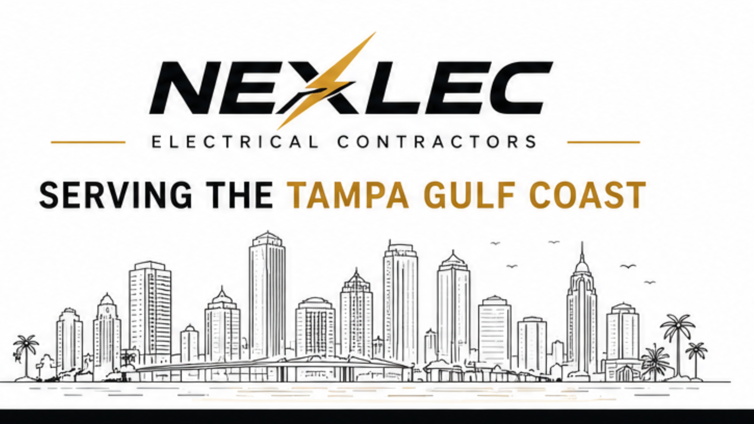 Logo for Nexlec Electrical Contractors with a stylized lightning bolt, and a city skyline with skyscrapers and palm trees, indicating service area in Tampa Gulf Coast.