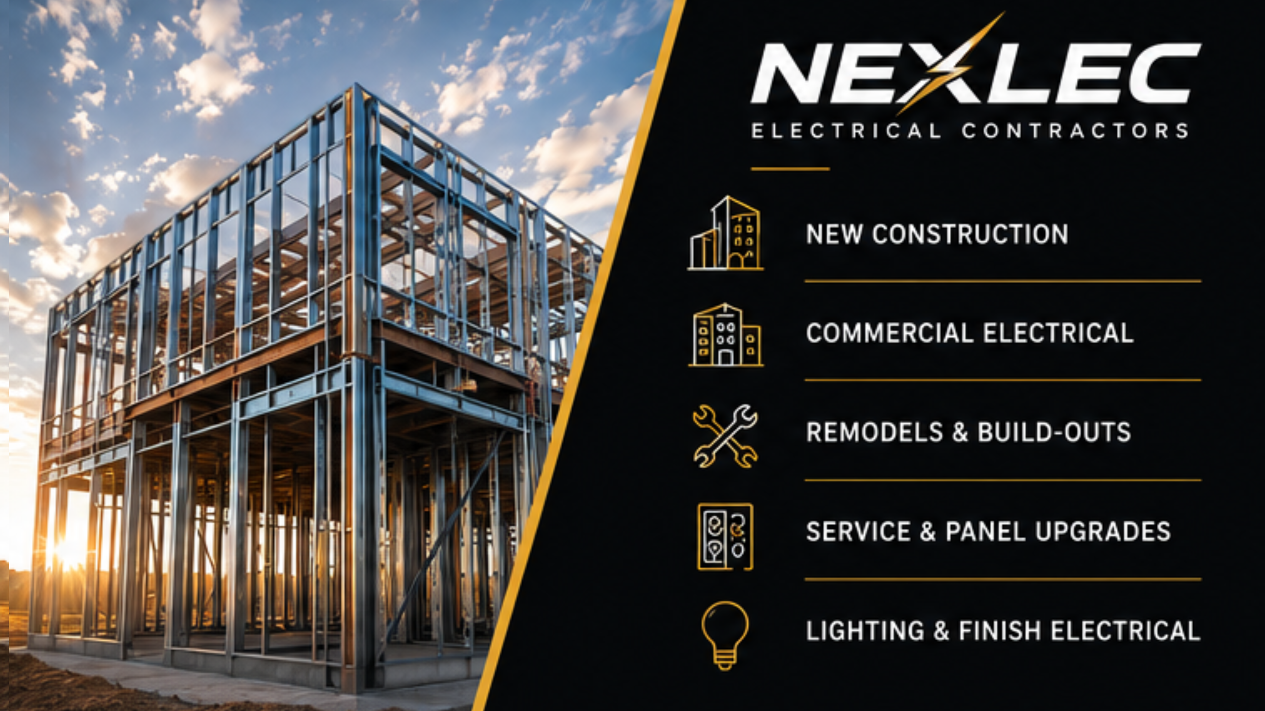 Construction site with steel framework of a building under a sky with clouds and sunlight, alongside a black section with gold and white text and icons for Nexlec Electrical Contractors.