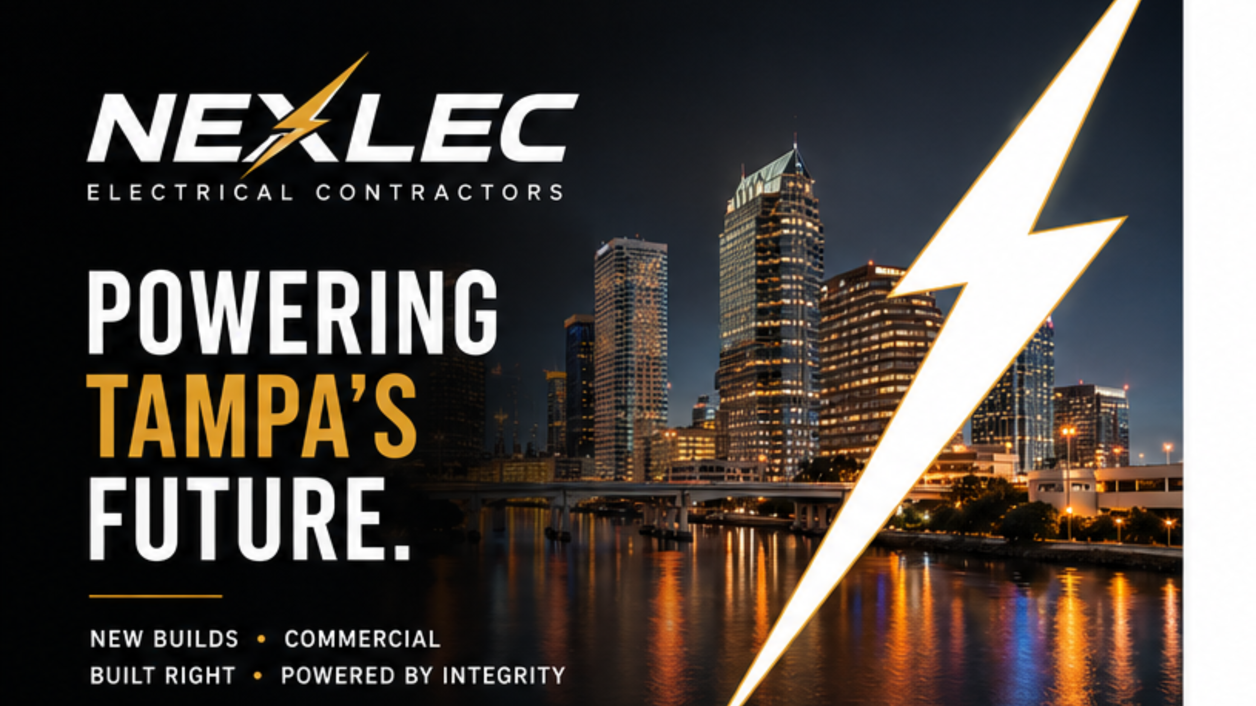 Nighttime view of Tampa city skyline with illuminated buildings, a bridge over water, and a large lightning bolt graphic on the right side. Text overlay promotes electrical contracting services and future development in Tampa.