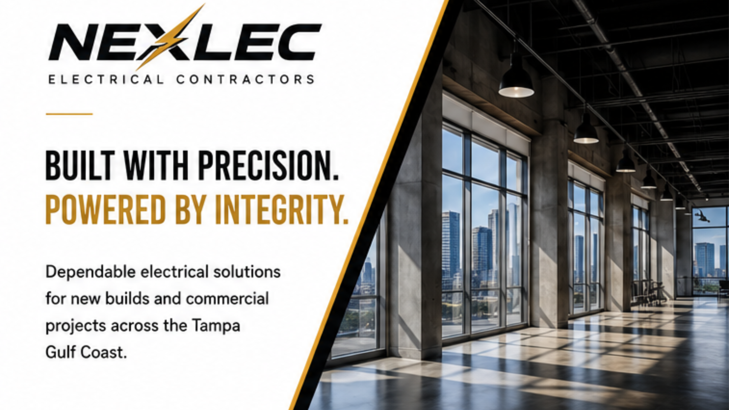 Letterhead for Nexlec Electrical Contractors with slogan 'Built with Precision. Powered by Integrity.' and an interior view of a modern office with large windows, high ceilings, and city skyline in the background.