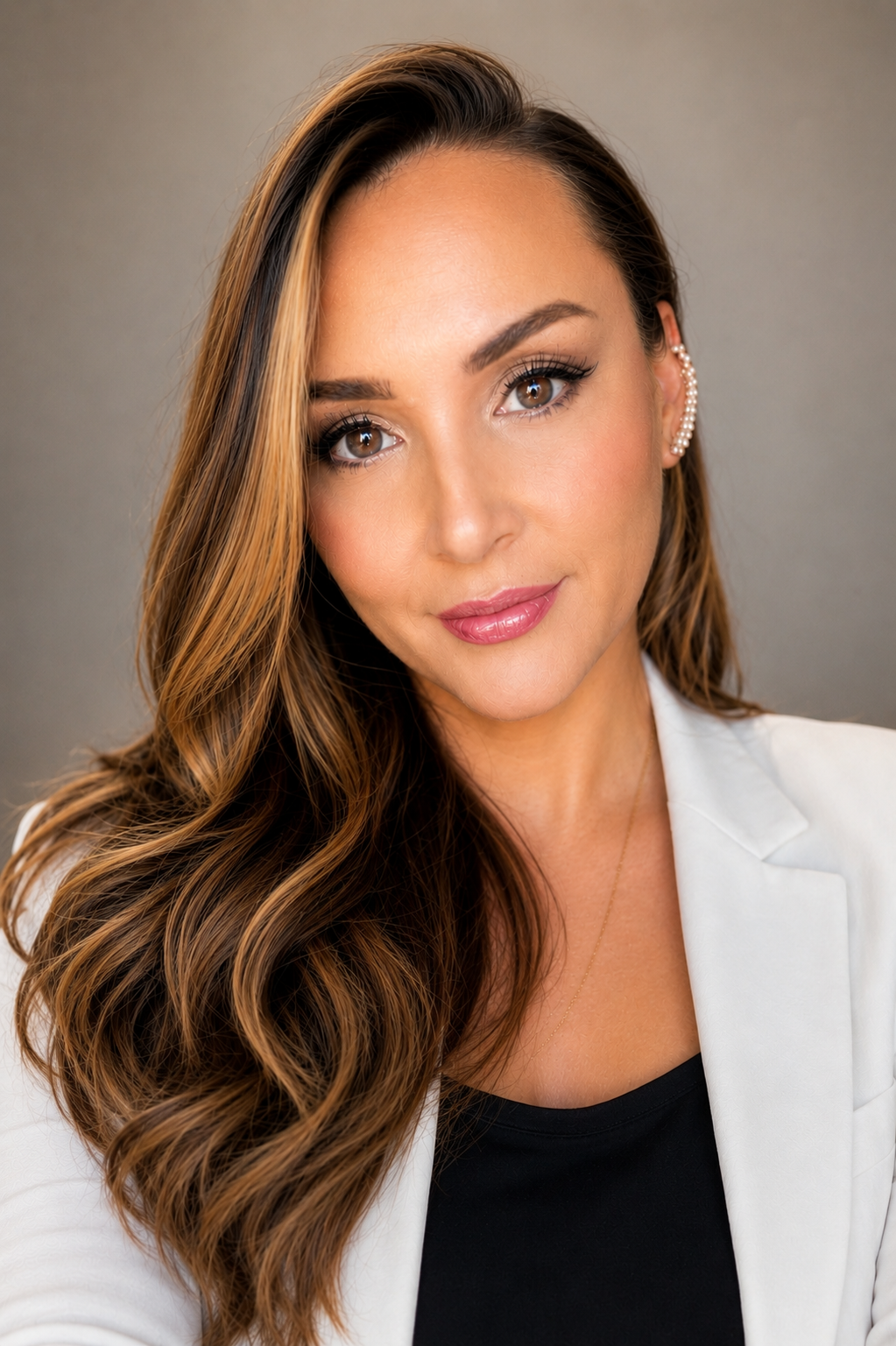 A woman with long, wavy brown hair and brown eyes, wearing makeup, a white blazer over a black top, and pearl earrings, looking at the camera with a slight smile.