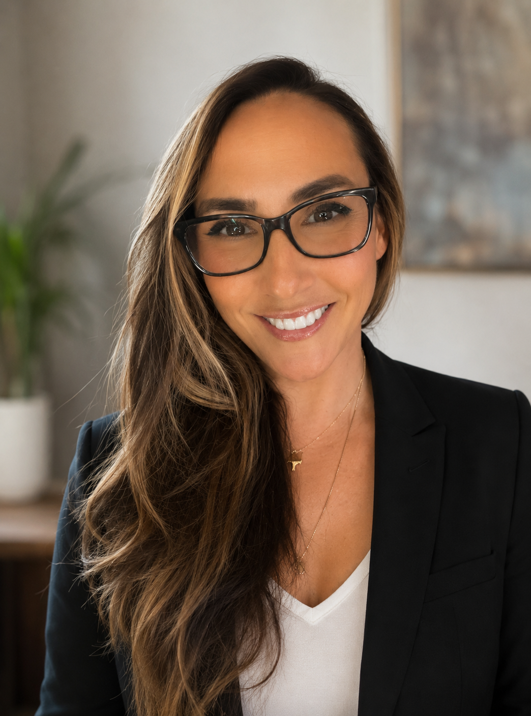 A smiling woman with long wavy brown hair wearing glasses, a black blazer, a white top, and gold necklaces, sitting indoors with a plant and abstract artwork in the background.