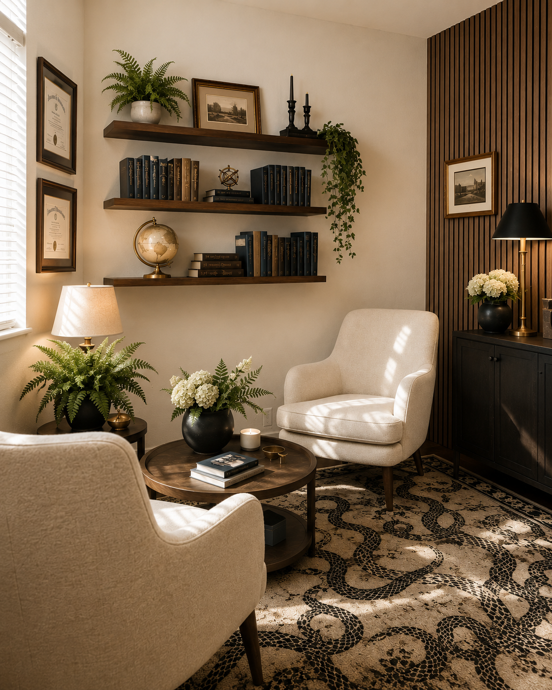 A cozy, well-decorated living room with armchairs, a wooden coffee table, and floating wooden shelves holding books, a globe, and decorative items. The room has framed certificates on the wall, potted plants, floral arrangements, and a patterned rug.