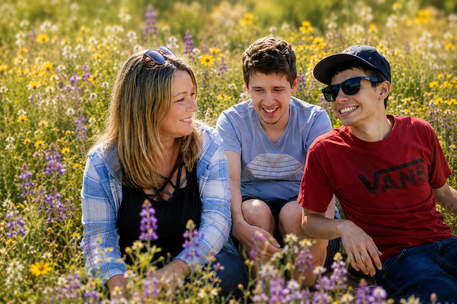 Amy Everhart, founder of Wildflower Support Services, with her adult twin sons in a wildflower field. Amy is an Independent Facilitator and autism advocate serving families throughout Riverside County, California.
