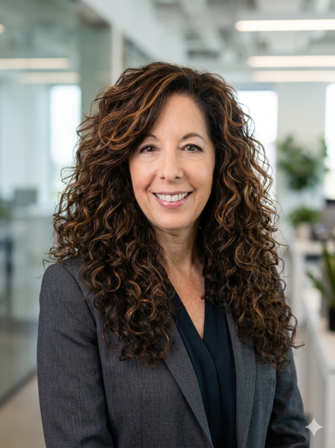 A woman with long, curly brown hair smiling in an office setting, wearing a dark blazer and blouse.
