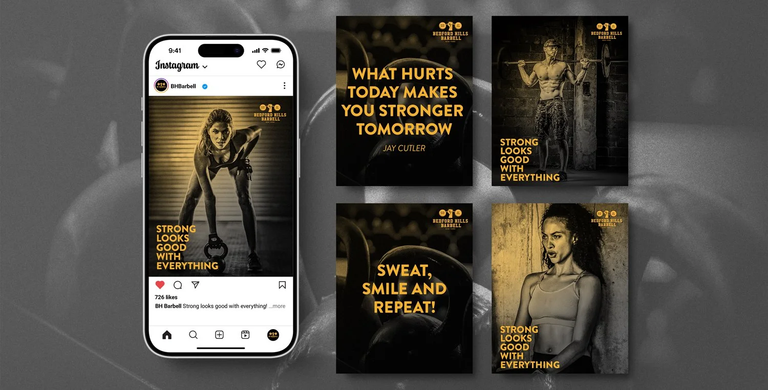 A smartphone displaying an Instagram post of a woman in workout gear holding a kettlebell. Surrounding the phone are four motivational posters from Bedford Hills Barbell featuring women lifting weights and empowering messages in yellow text on black and sepia backgrounds.