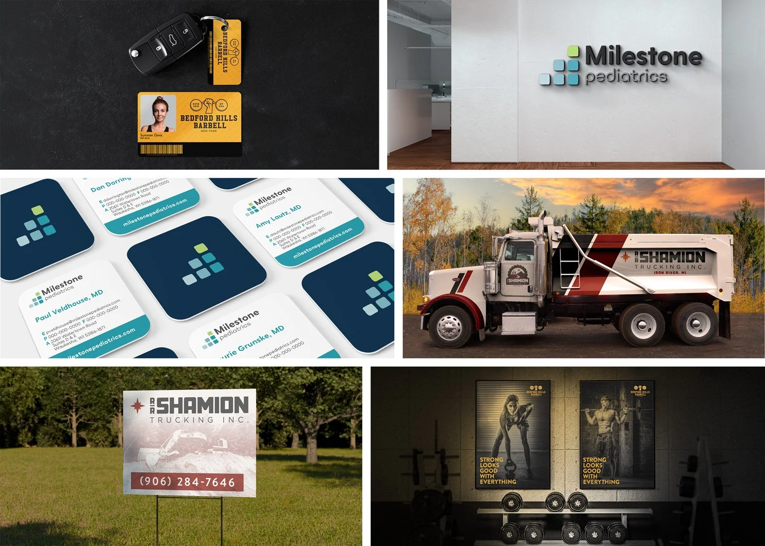 43 Degrees North Design, Graphic Solutions for R&R Shamion Trucking, Milestones Pediatrics, Bedford Hills barbell