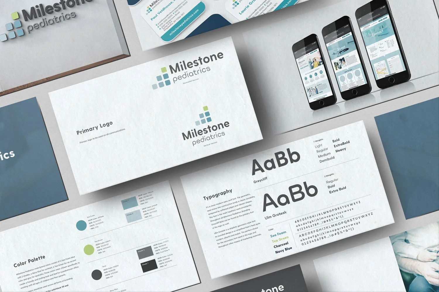 43 Degrees North Design, A flat layout of branding materials for Milestones Pediatrics and digital screens for Milestone Pediatrics, including business cards, logos, typography samples, and mobile website previews.