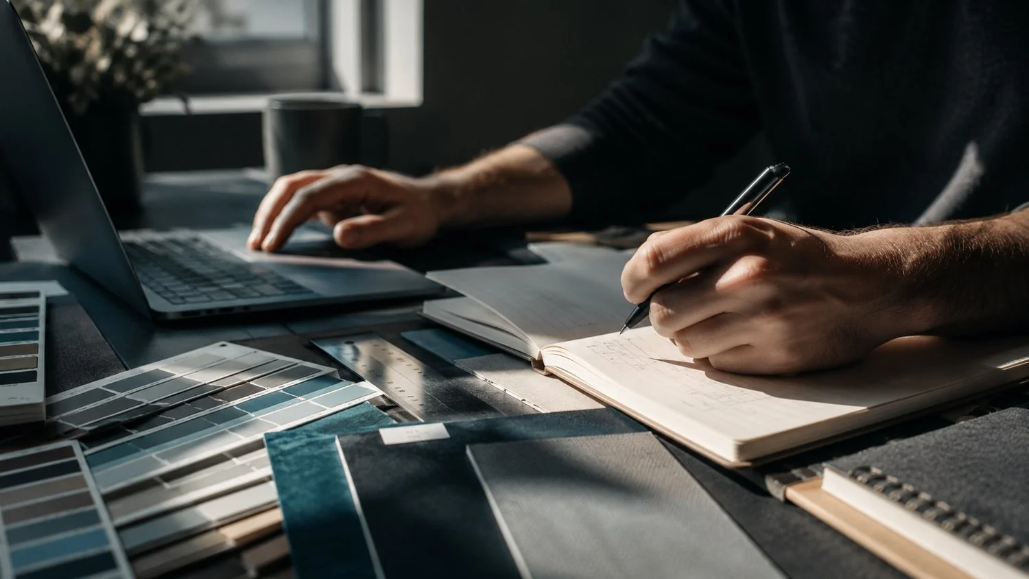 Person working at a desk with color swatches, an open notebook, a laptop, and a ruler, writing in the notebook with a pen.