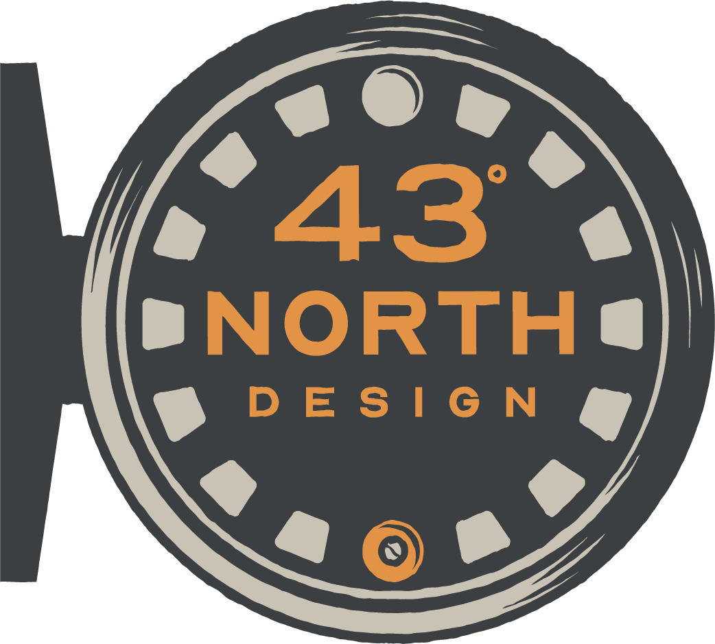 43 Degrees North Design logo inspired by a fly reel
