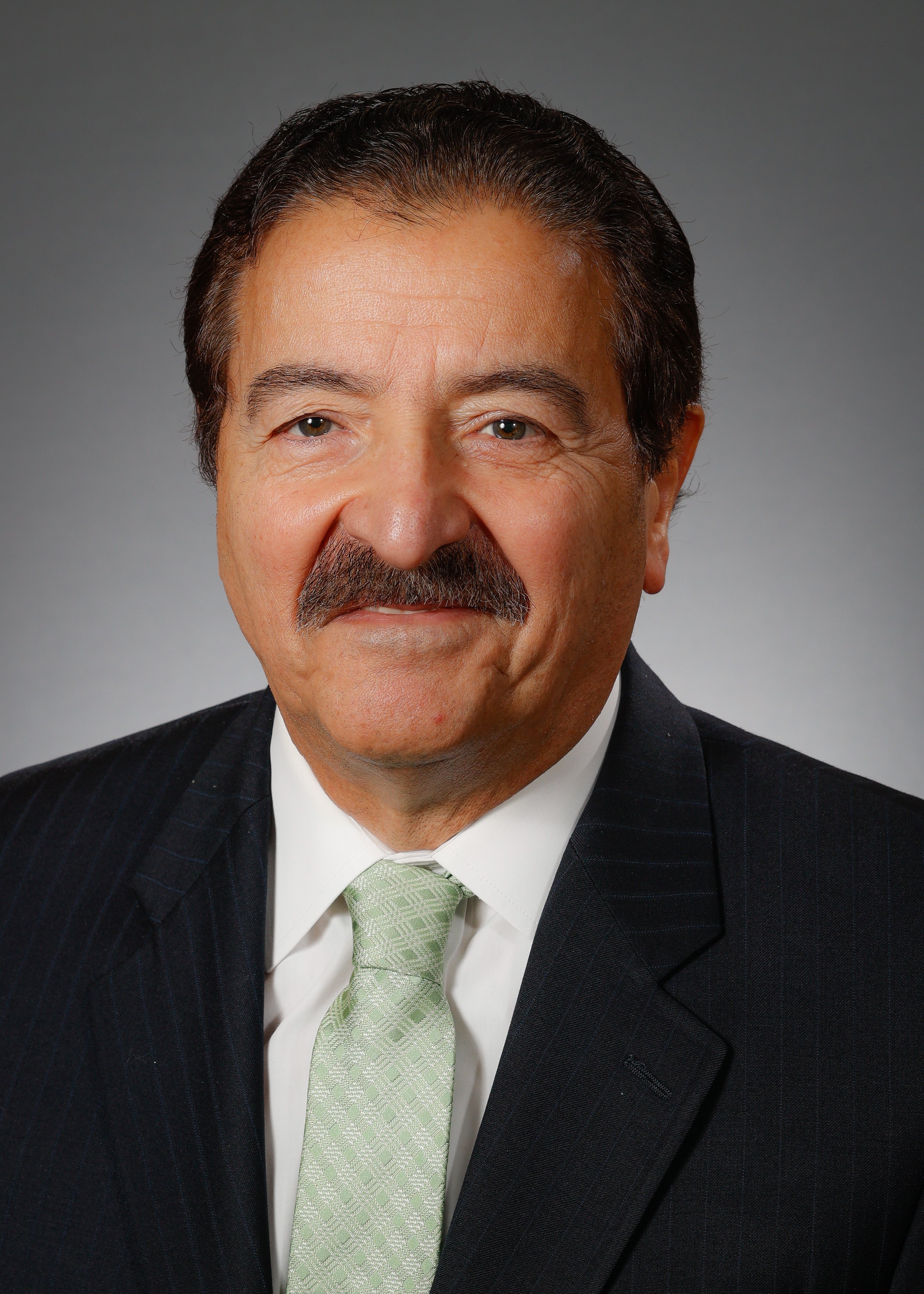 Close-up portrait of a middle-aged man with dark hair, gray eyes, mustache, wearing a navy pinstripe suit, white shirt, and light green tie, against a gray background.