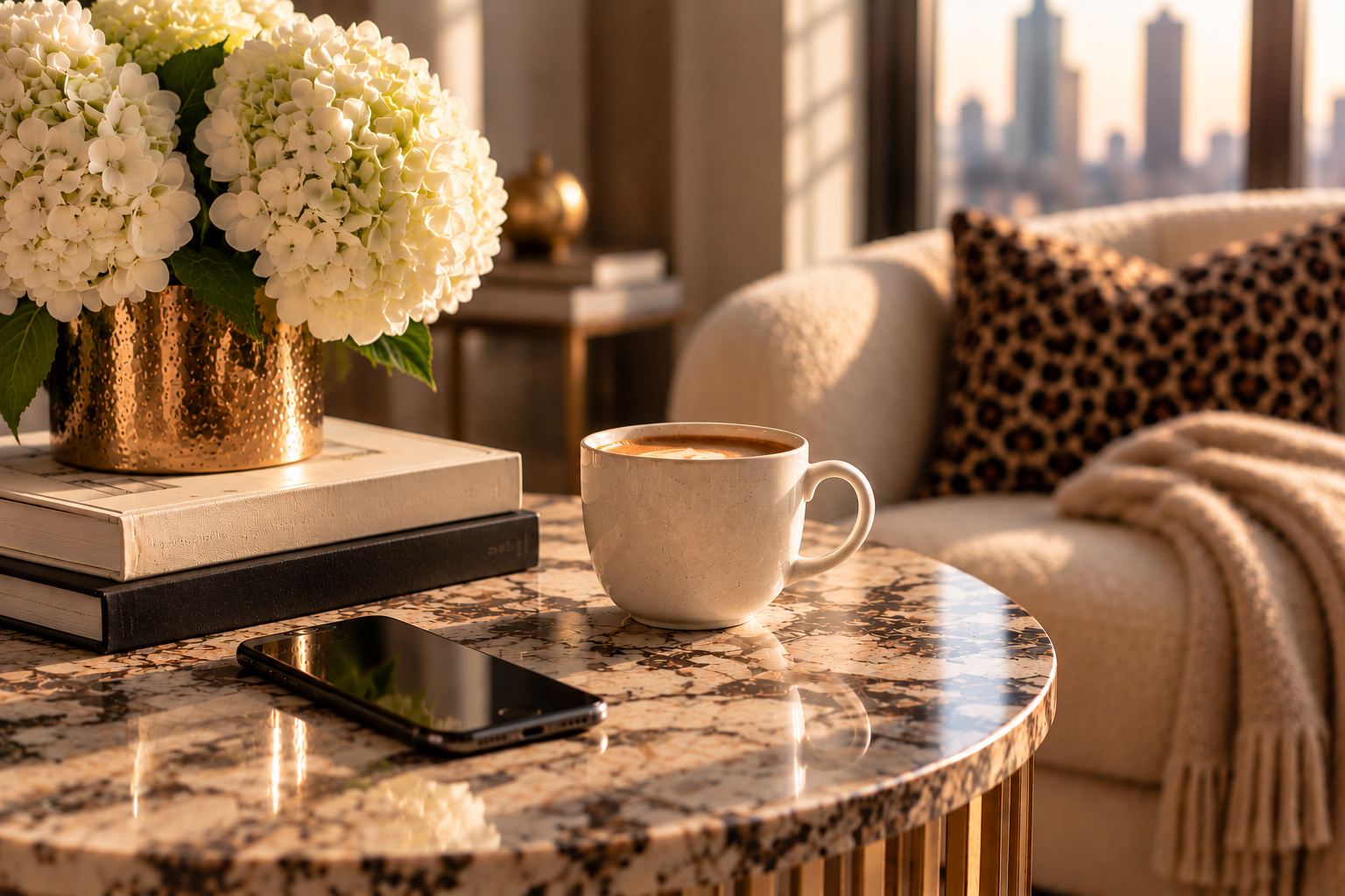 Cozy living room with coffee cup, smartphone, white hydrangeas, books, and leopard-print pillow on a marble coffee table
