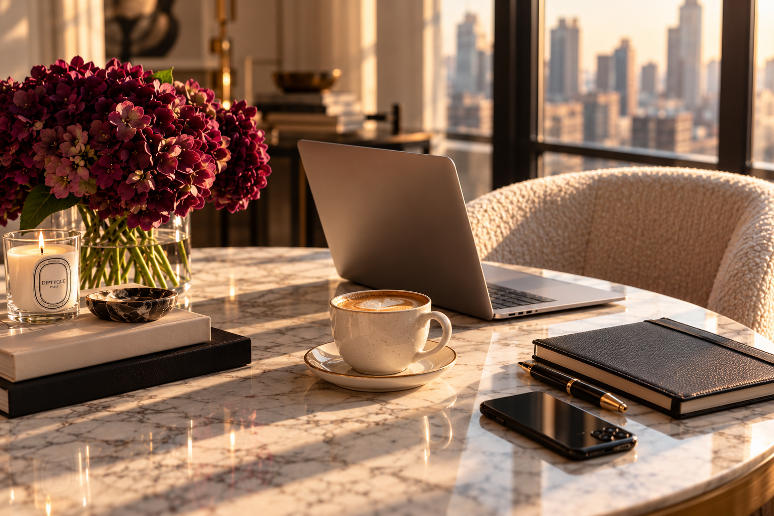Elegant marble workspace with laptop, coffee, hydrangeas, candle, notebook, pen, and smartphone overlooking a city skyline.