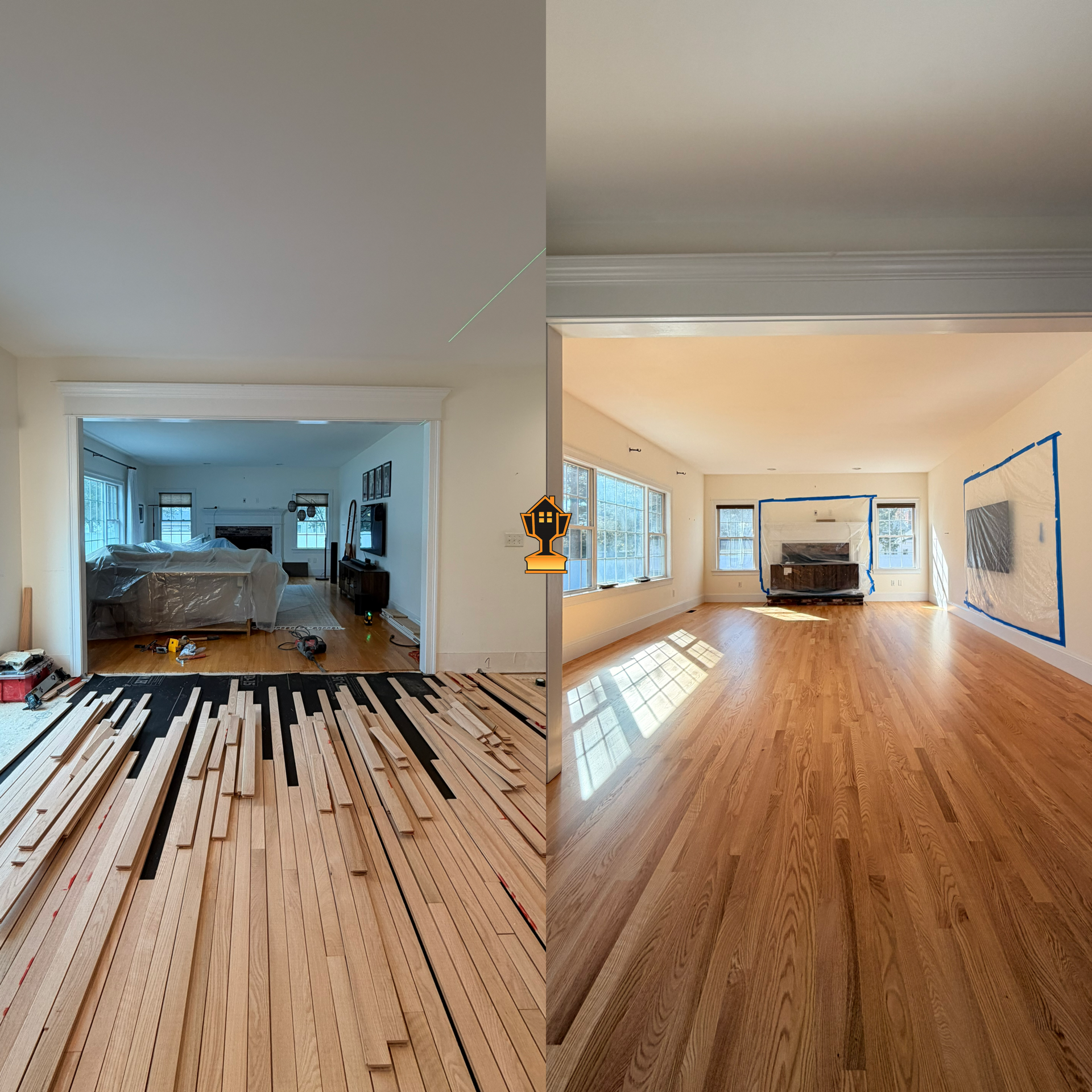 A living room with sunlight streaming through multiple large windows, featuring light-colored walls and a hardwood floor. The room appears to be under renovation, with taped-off areas on the walls, tools on the floor, and a plastic cover over furniture.