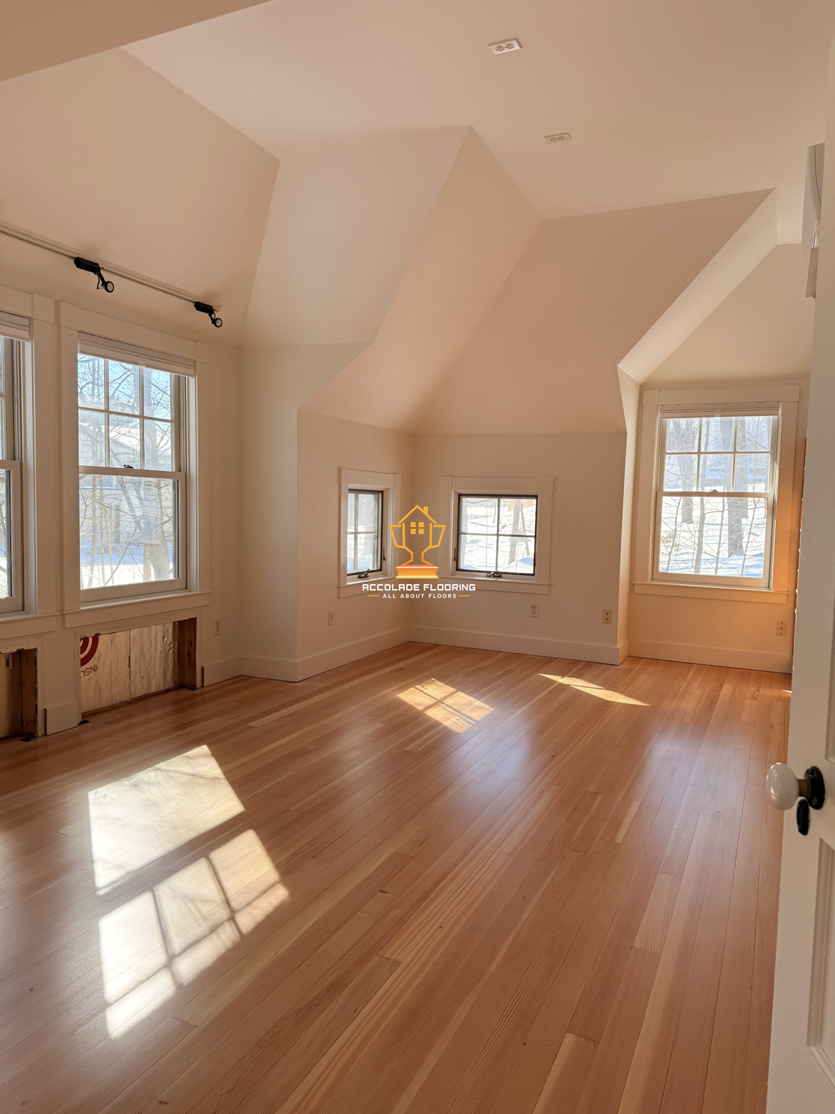 Empty room with hardwood floors and multiple windows letting in natural light, with some wall area under construction.