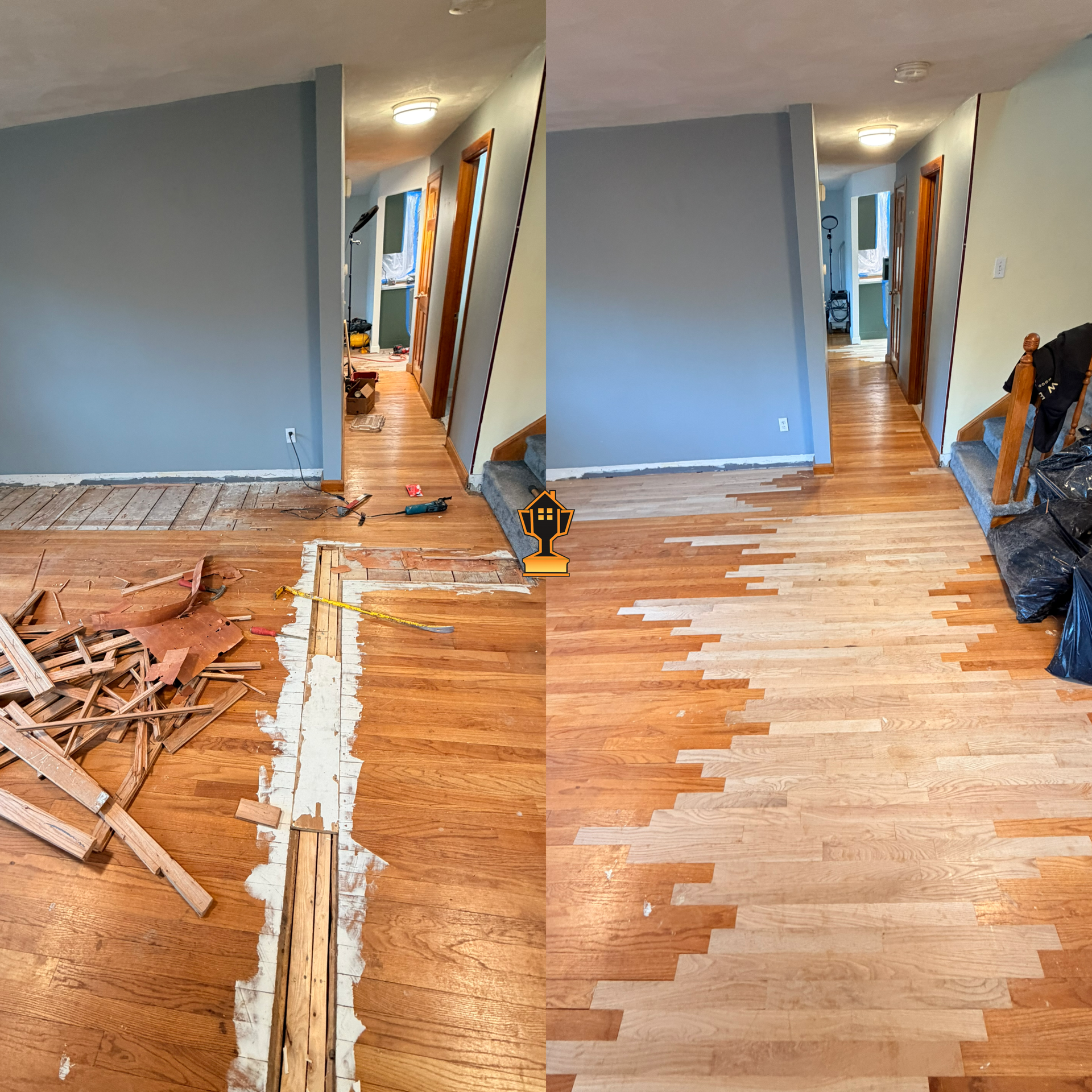 Side-by-side comparison of two rooms showing different stages of hardwood floor installation, with section of floor removed in the left image and new flooring partially installed in the right image.