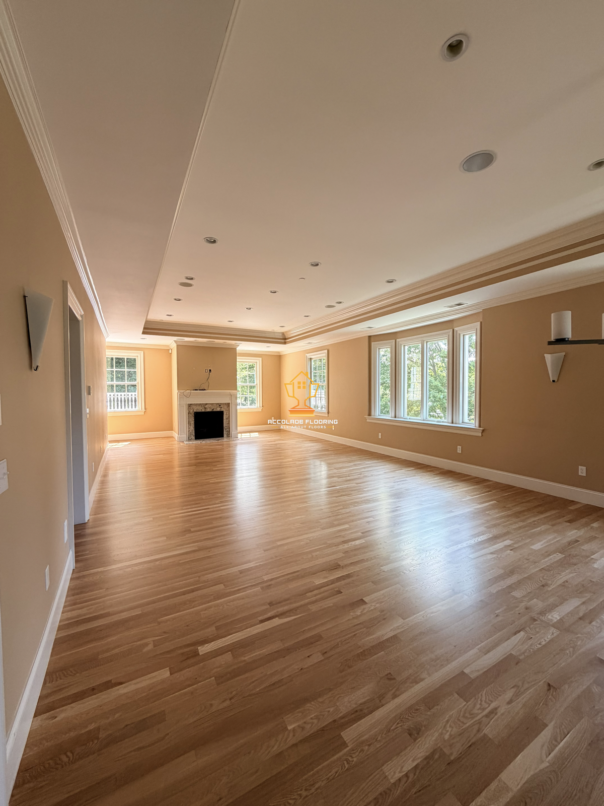 Empty living room with hardwood flooring, multiple windows, a fireplace, and beige walls.