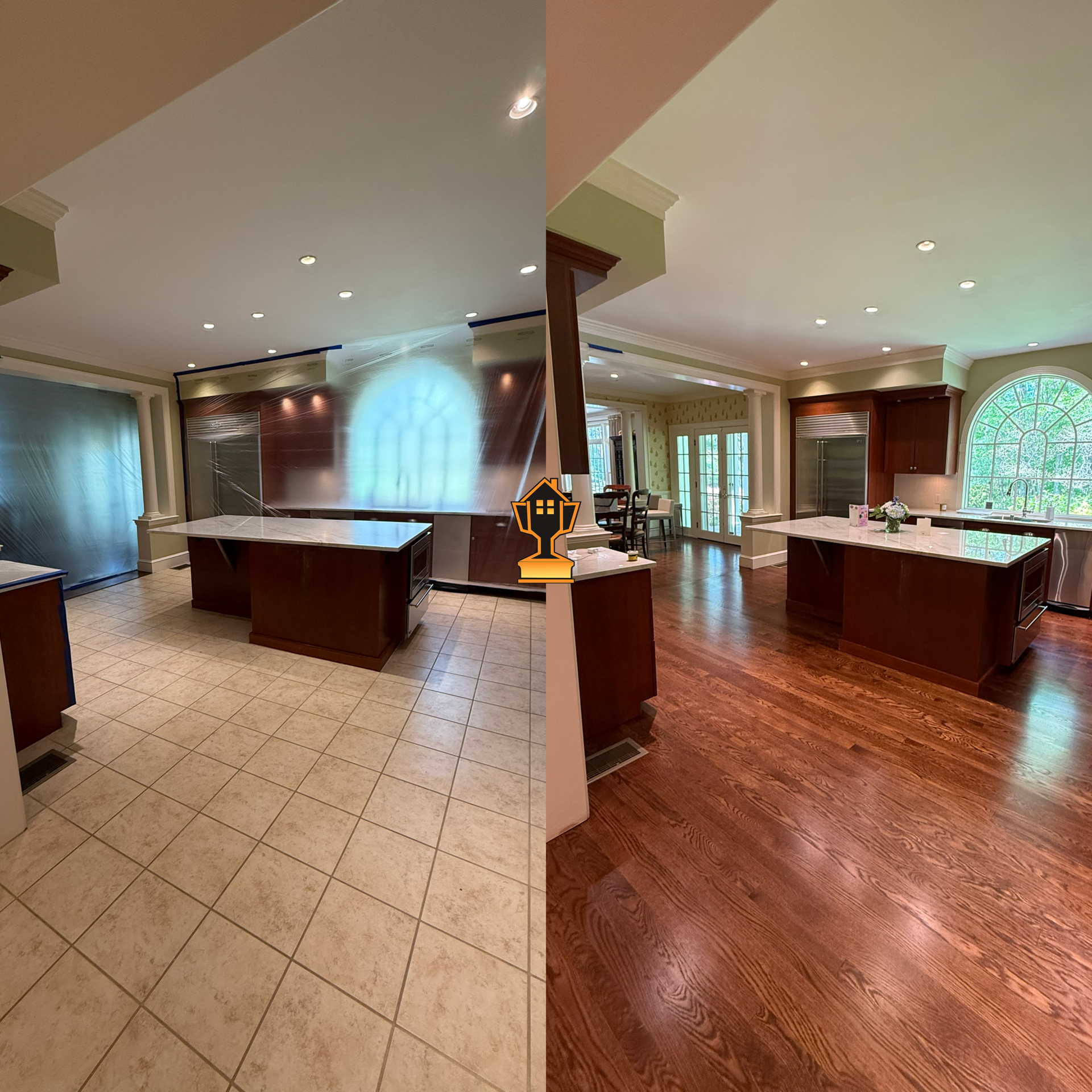 Side-by-side comparison of a kitchen before and after renovation. The left side shows an outdated kitchen with beige tile flooring, green walls, and a plastic cover over appliances. The right side displays a modern kitchen with rich wood flooring, green walls, sunlit windows, and polished cabinetry.