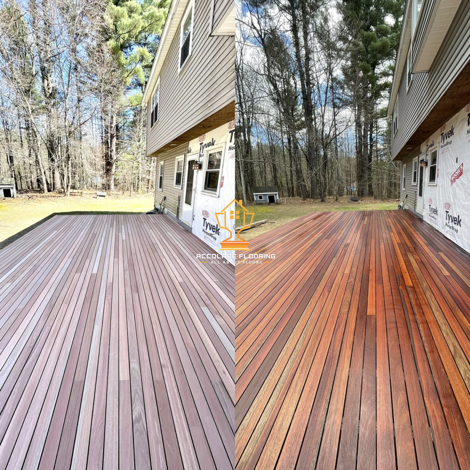 Side-by-side comparison of a house exterior and a newly installed wooden deck with two different finishes, with a background of trees and a yard.