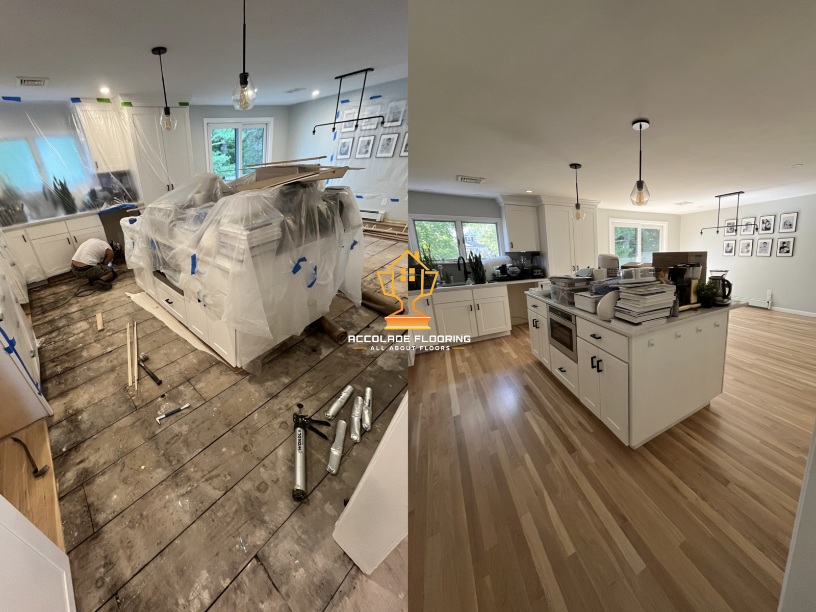 Side-by-side comparison of a kitchen under renovation on the left, with construction materials, tools, and unfinished flooring, and a finished, moved-in kitchen on the right with new hardwood flooring, white cabinetry, and decor.